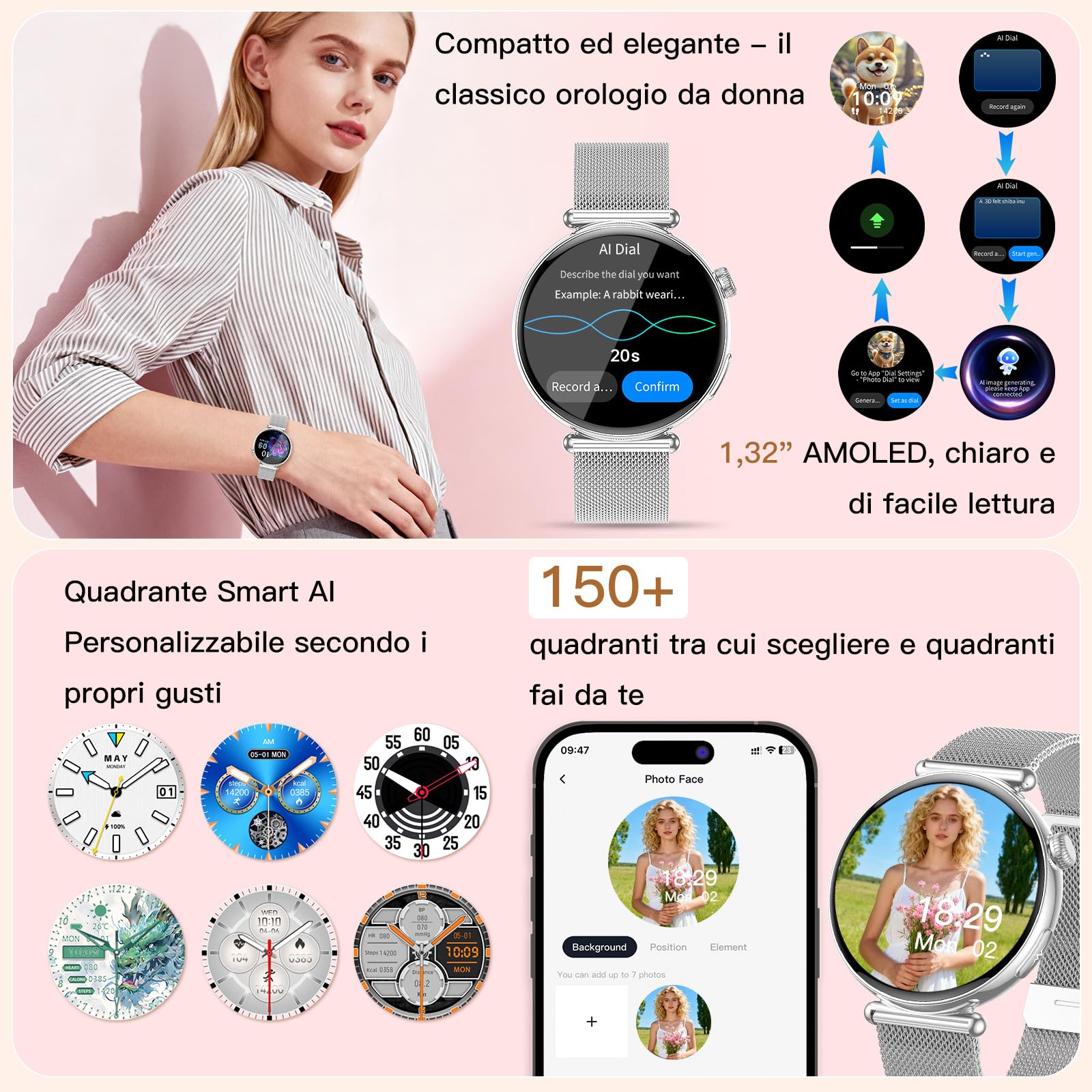 2026 AI-GPT Smartwatch Donna ECG/Pressione Sanguigna/Ciclo Mestruale/Sonno | 1.32" AMOLED Orologio Salutare con Funzione Telefono/SOS/BMI/Emozioni/Fatica,24h Lipidi/Acido Urico/Cardiofrequenzimetro/SPO2