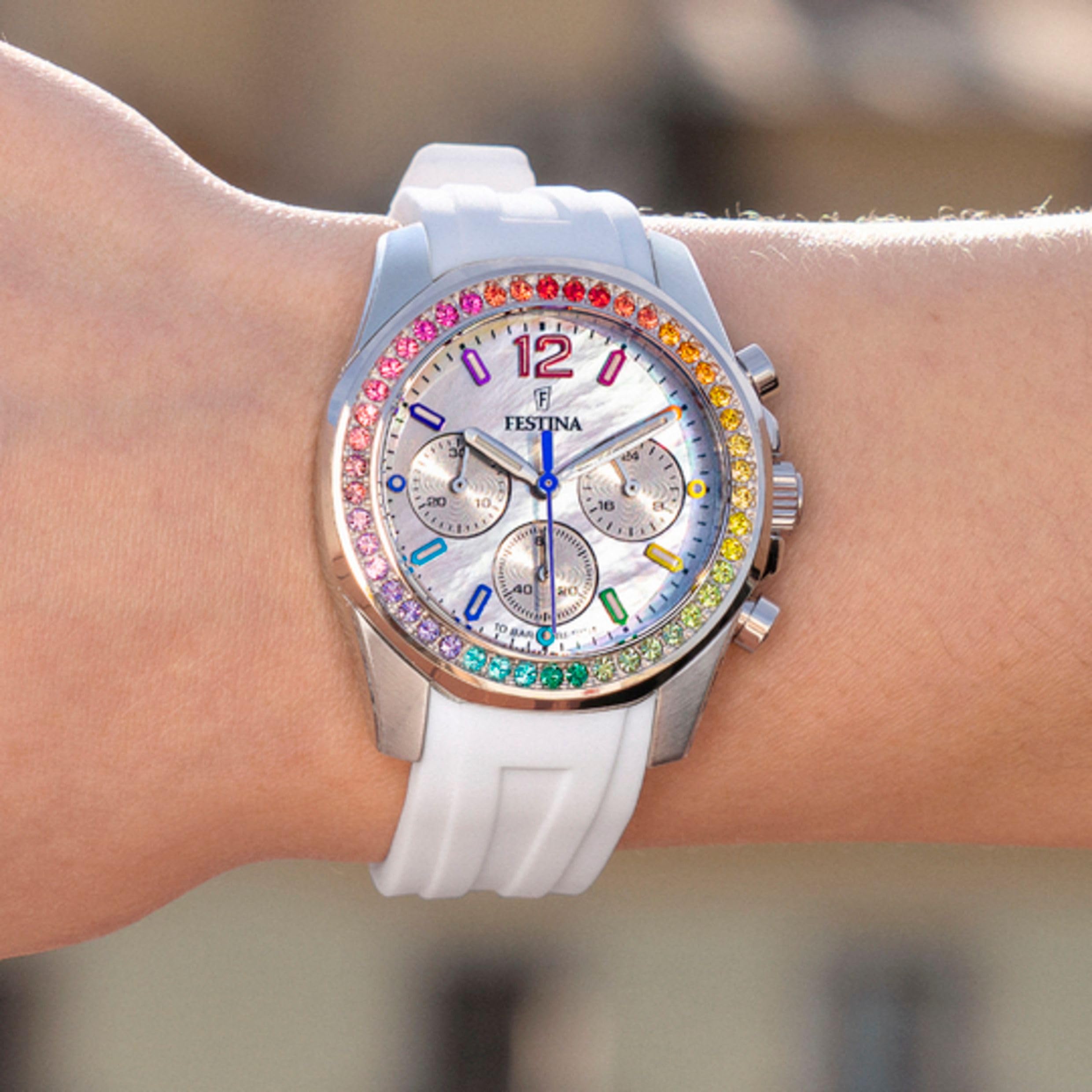 Festina Reloj Mujer Analógico de Caucho - Movimiento de Cuarzo Cronógrafo - Cristal Mineral de Alta Resistencia - Resistente al Agua 10 ATM F20610/2 - Boyfriend Collection
