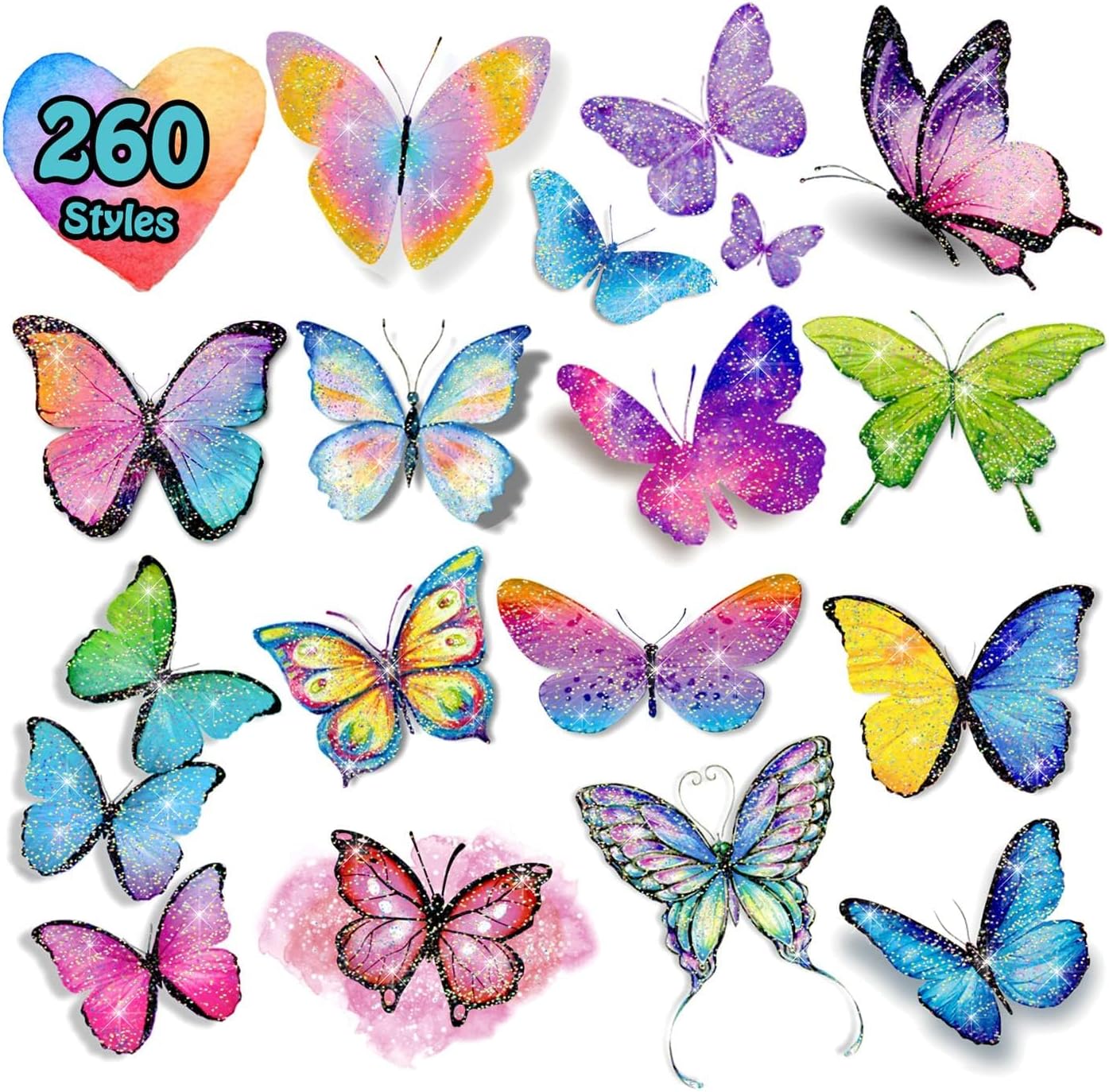 Temporary Tattoos for Kids Women, Glitter Tattoo Stickers for Party Favors, Prizes for Classroom, Trick or Treat, Goodie Bag Stuffers, Stocking Stuffers, Birthday Decoration, Gifts -260 Styles