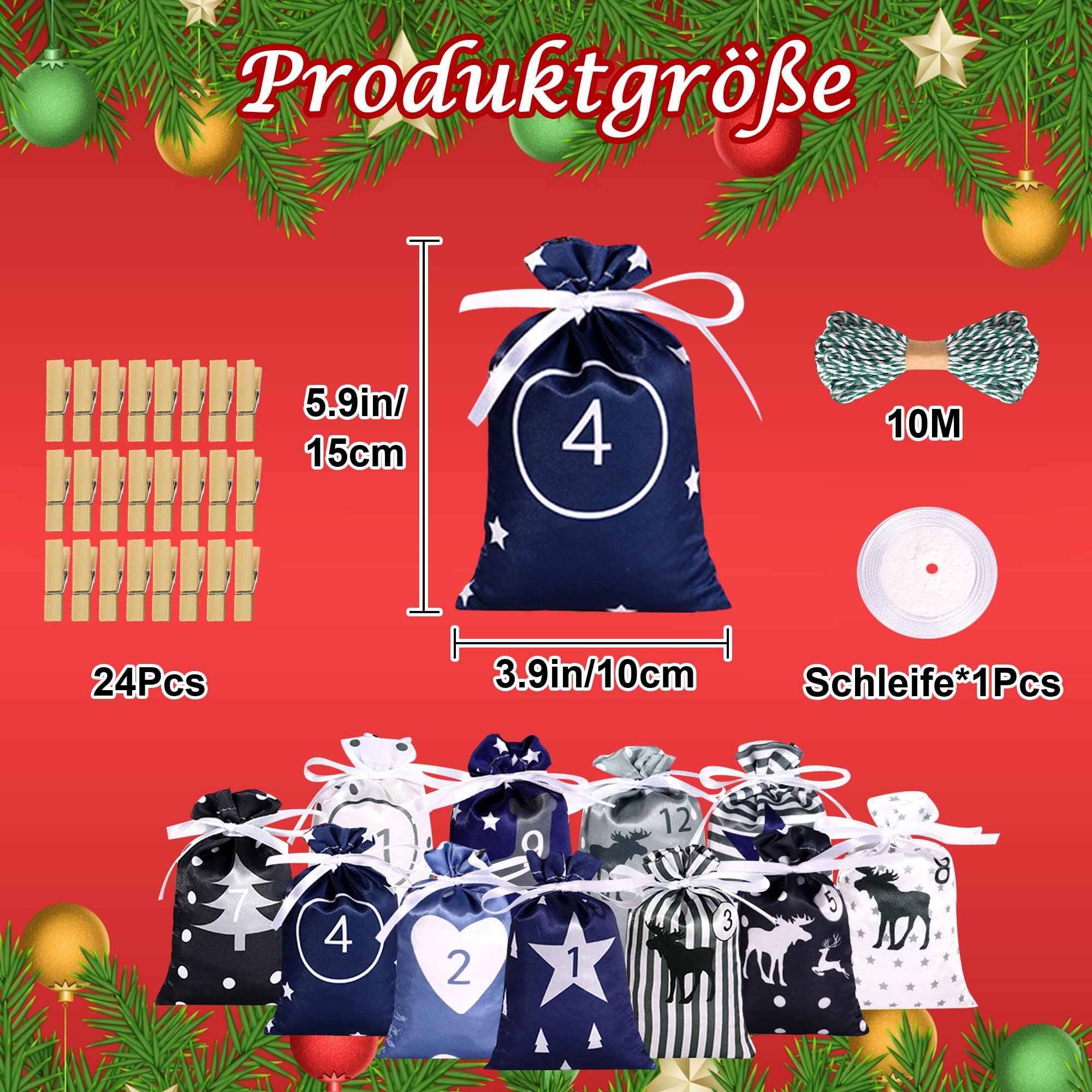 Calendrier De L’Avent à Remplir 2025 Avec Guirlande LED - 24 Sachets Tissu + Pinces + Corde