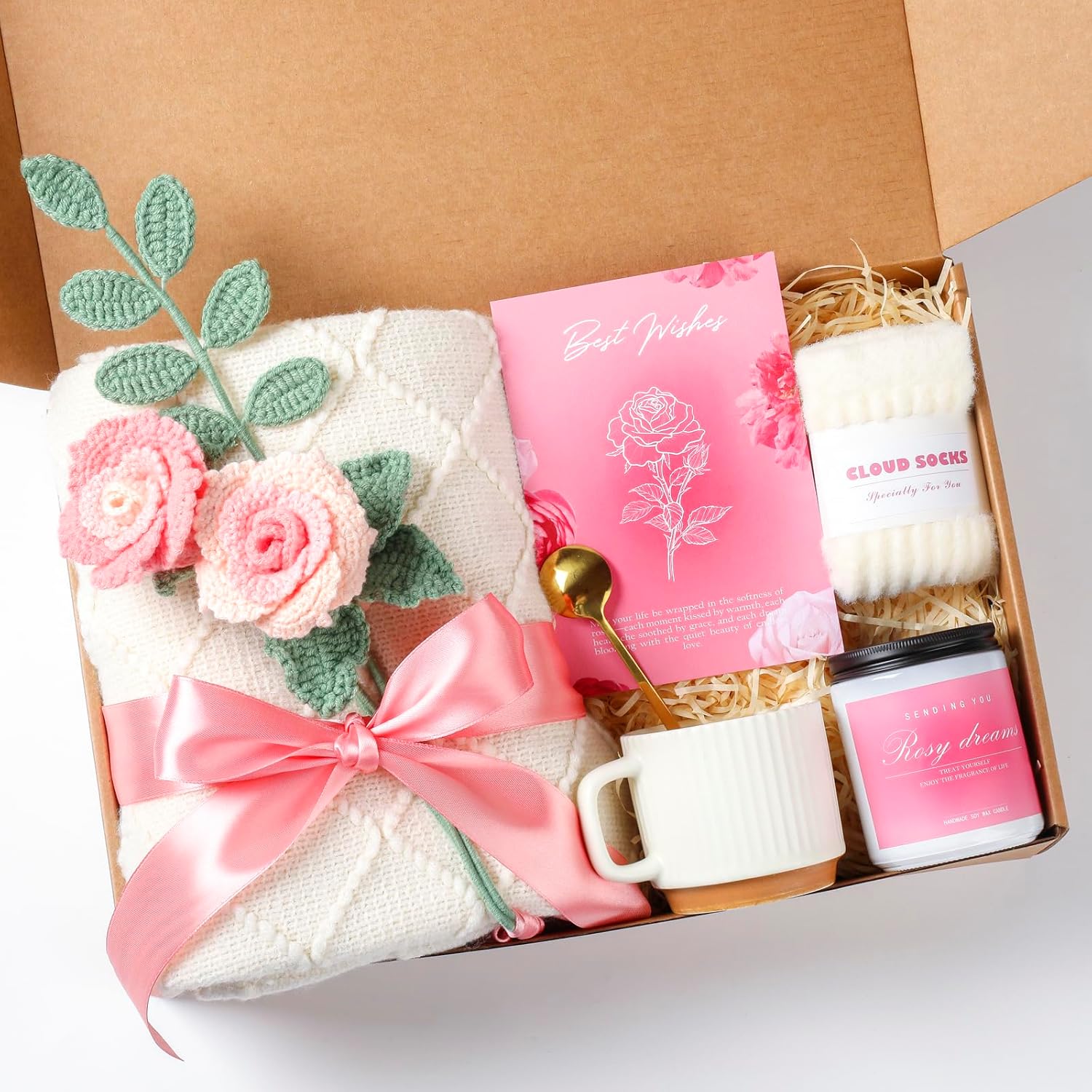 Rose Birthday Gifts for Women, Gift Baskets for Women, Birthday Box for Woman, Hug in A Box, Get Well Basket, Birthday Gift Set, Self Care Gift Basket for Mom Her Friend Sister Wife Grandma