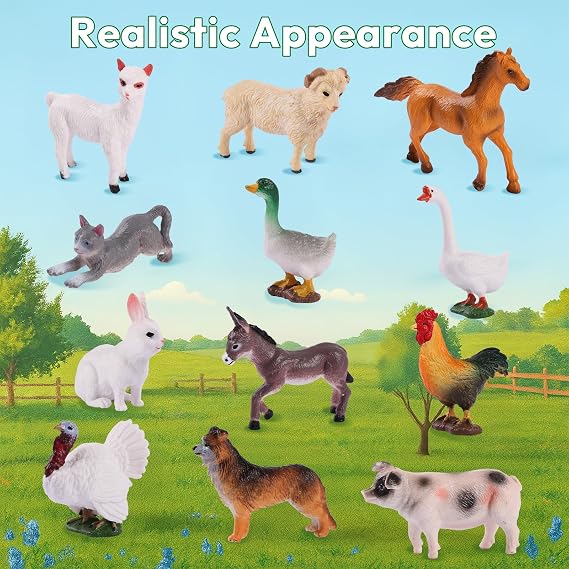 Maxmoc 12pcs Farm Animals,Mini Animal Toys for 3 4 5 6 7 Year Olds | Plastic Realistic, Including Cat, Alpaca, Dogs, Pigs, Sheep, and Rabbit ,Ideal as a Gift for Children