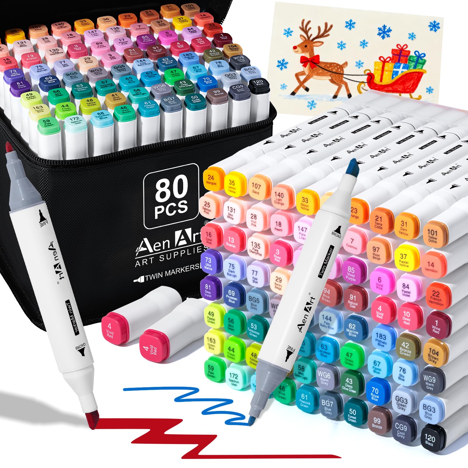 AenArt Alcohol Markers, 80 Color Dual Tip Art Drawing Markers, Artist Pens with Organizin…