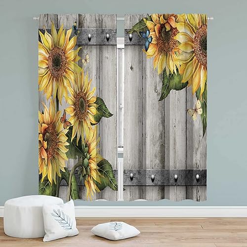 Miniatura 2 de Miyotaa Cortinas de madera rústica de girasol para ventana, 2 paneles de 42 pulgadas de ancho x 63 pulgadas de alto, bolsillo para barra, puerta de