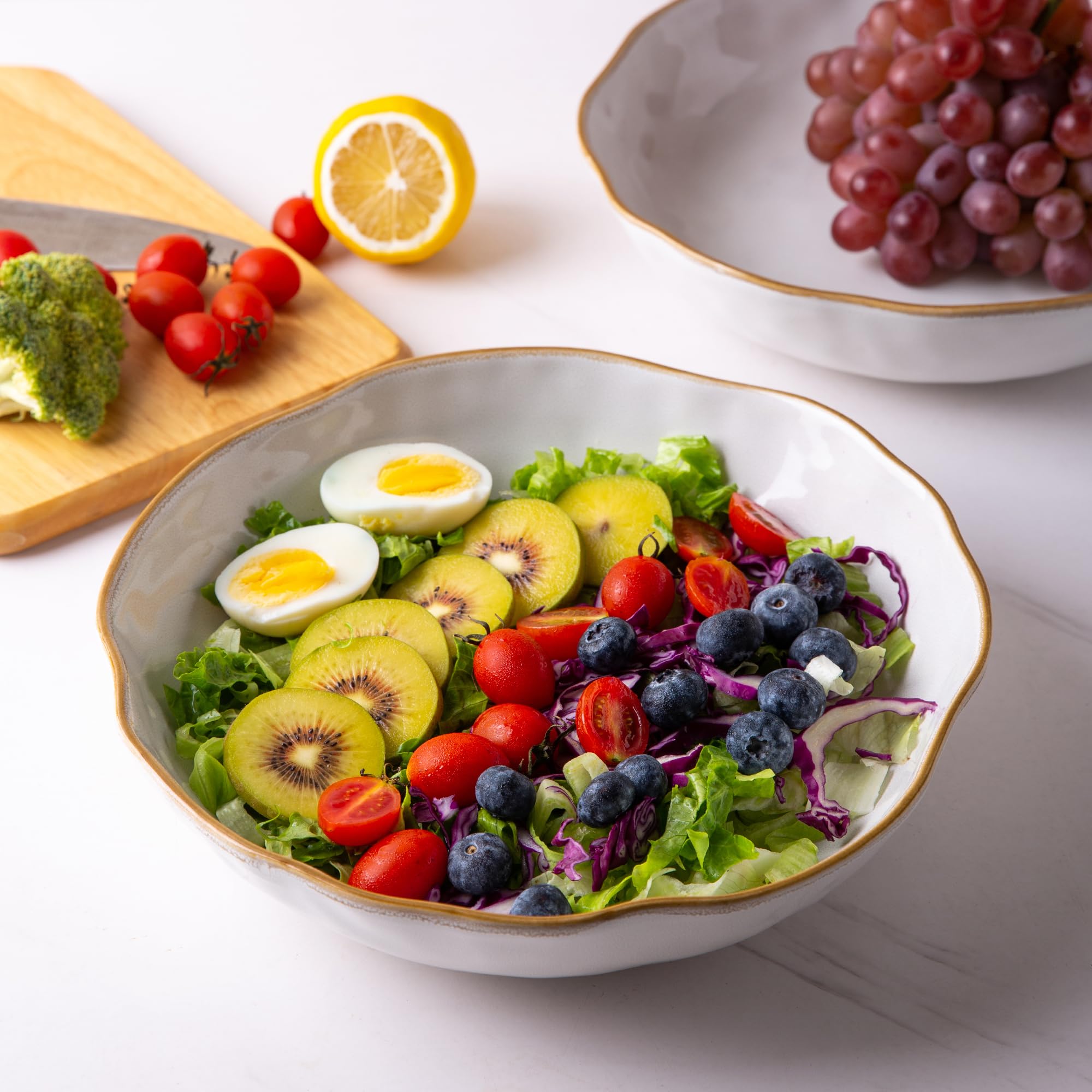 AmorArc Serving Bowls, Handcrafted 65 OZ Large Salad Bowls, 10.0" Reactive Ceramic Fruit Bowls for Entertaining, Side Dishes, Pho, Pasta, Dinner Parties, Kitchen Decor, Microwave&Dishwasher Safe-White