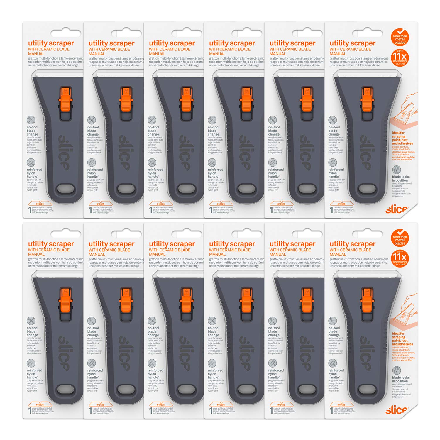 Slice 10591-CS Manual Utility Scraper, Locking Ceramic Blade, Rust Free, Finger Friendly, Soft-Touch Comfort Grips Reduce Strain, 12 Pack, Regular - Manual (Locks in Position) (10591-12)