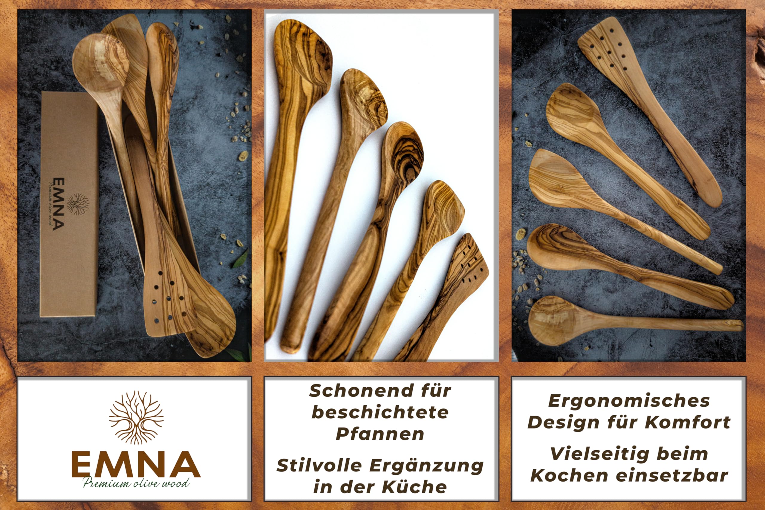 EMNA – Olivenholz Küchenutensilien Set | 5-teiliges Kochlöffel & Küchenhelfer Set Holz | Handgefertigt Unikat | Geschenkbox mit Zertifikat vom Gründer | Geschenkidee Weihnachten Geburtstag Hochzeit