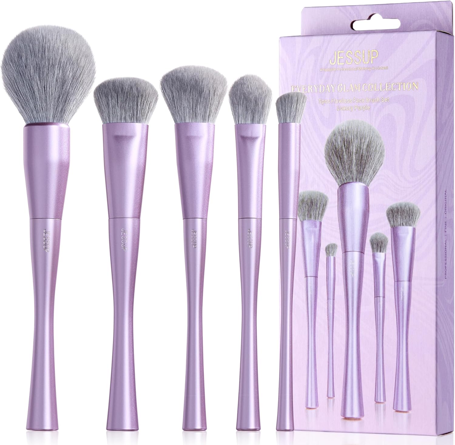 Jessup Make-up Kwastenset Gezicht 5pcs Gezichtsmake-upkwasten voor Foundation, Contour, Blush, Highlighter en Poeder – Premium Synthetisch, Luxe Paars T514
