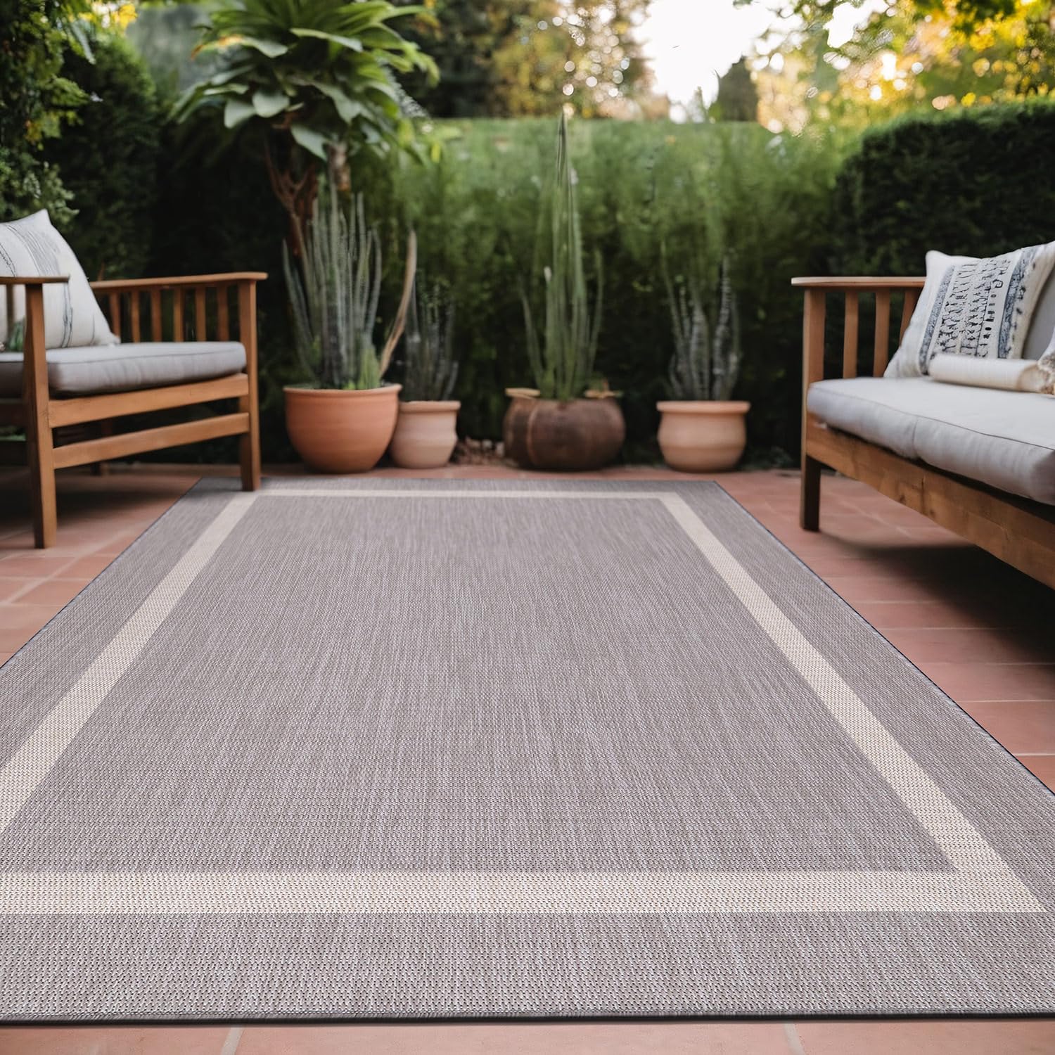 Luul Home Bordered Outdoor Rug 8x10 Washable Outside Carpet for Indoor Patio Porch Waterproof Easy Cleaning Non Shedding Area Rugs Gray 8 x 10