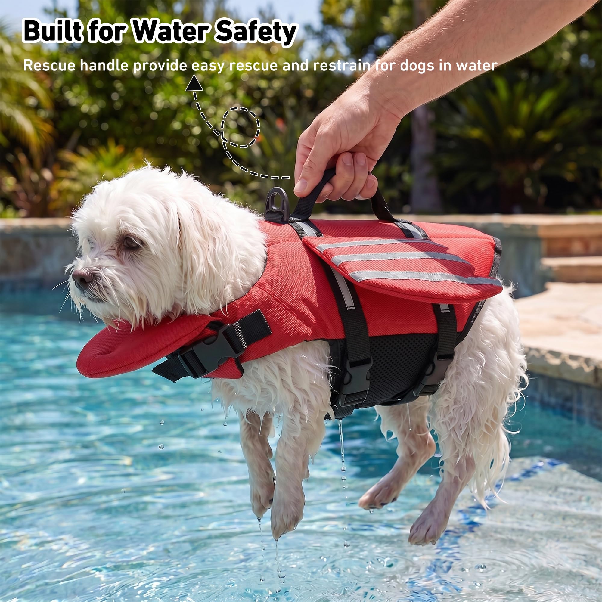 Petglad Hundeschwimmweste, Flügel Hundeschwimmweste mit Kinn-Schwimmer-Rettungsgriff für kleine, mittelgroße und große Hunde, verstellbare hohe Sichtbarkeit, Bootfahren (Rot, XS)