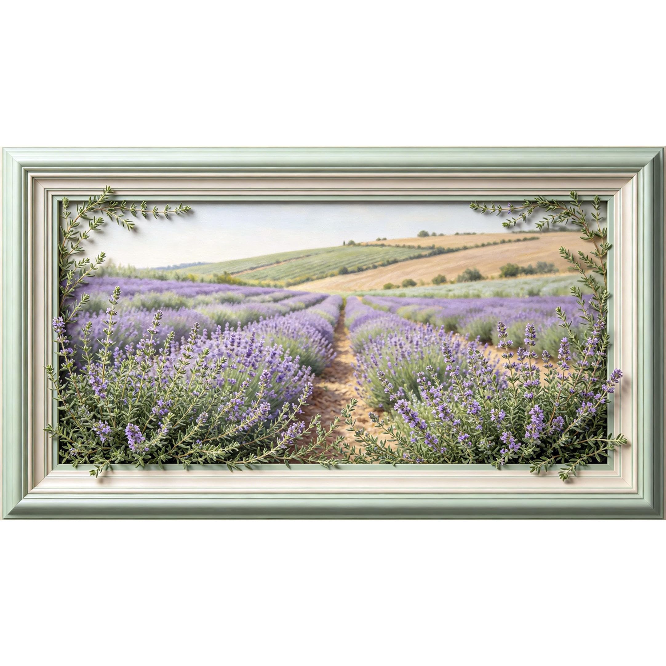 QZLITHOTIC 50×90cm3D Framed Wall Art， Provence Lavender Field Landscape Oil Painting， Self?Adhesive Mural， Water?Activated Peel & Stick Fabric Decor Wall Decal for Bedroom Living Room