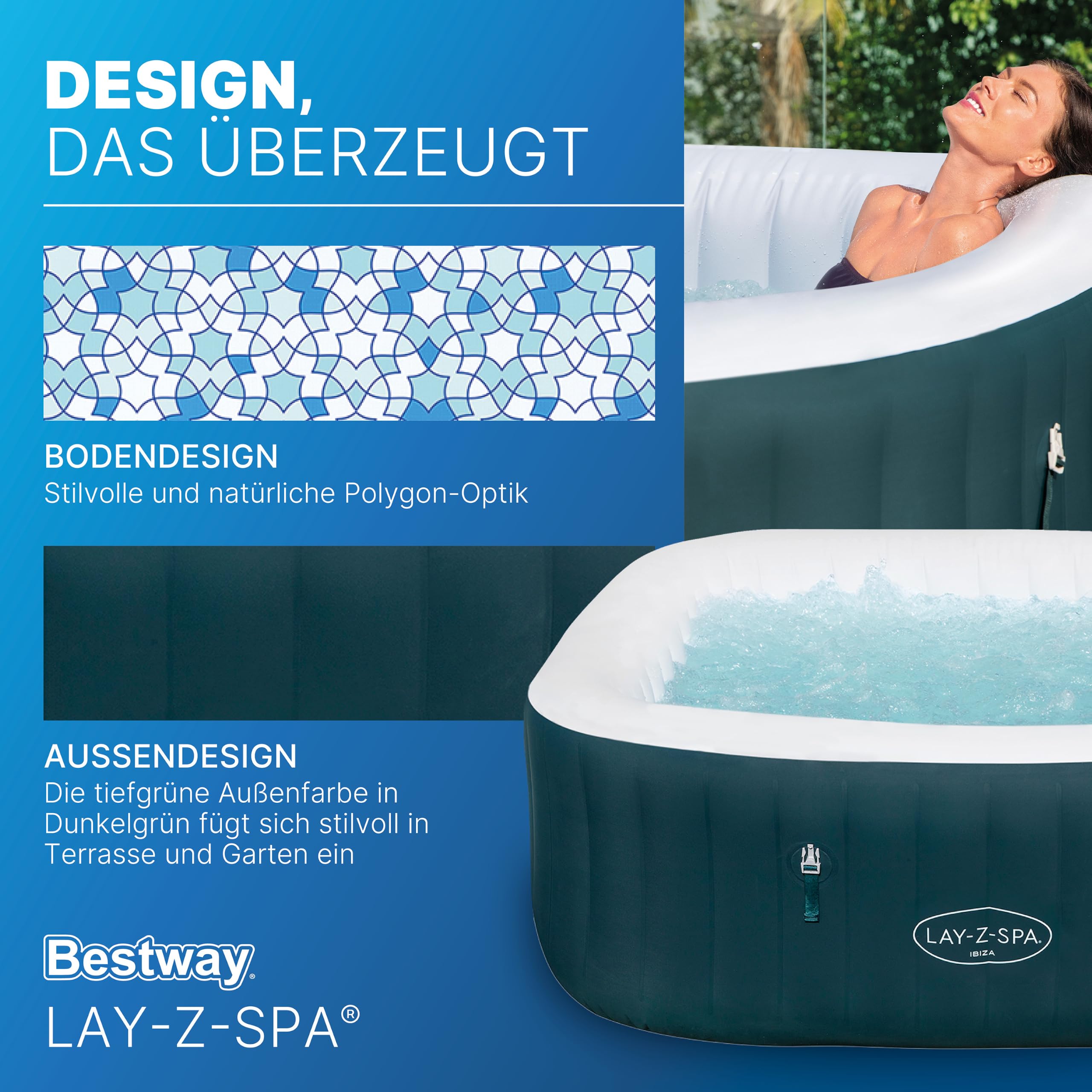 Bestway Lay Z Spa Ibiza AirJet Energiespar-Whirlpool 180x180 cm – aufblasbarer Whirlpool für 6 Personen mit 140 Luftdüsen, EnergySense Isolierung, Frostwächter & Timer – dunkelgrün