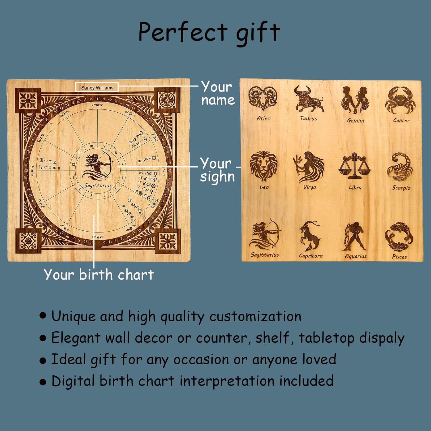 Custom Engraved Wooden Astrology Chart + Digital Report, Personalized Astrology Gift Wall Decor, Zodiac Signs Wall Art, Natal Chart Reading, Gift Idea for Friend, Family - Birthday, Anniversary