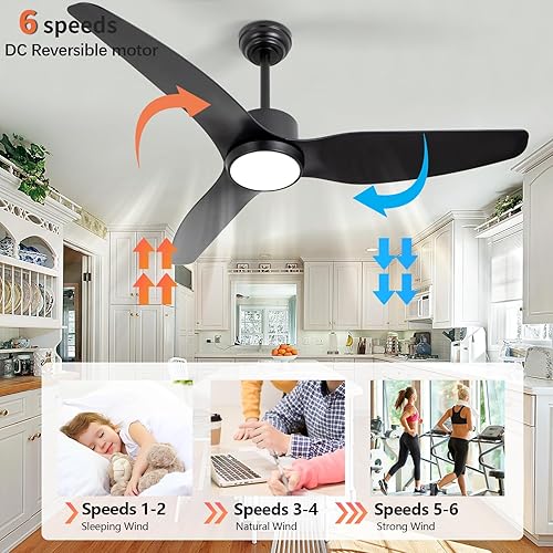 Miniatura 4 de Ventilador de techo negro con control remoto de luz, 52 pulgadas, 6 velocidades, motor silencioso reversible, 3CCT, regulable, LED, temporizador,