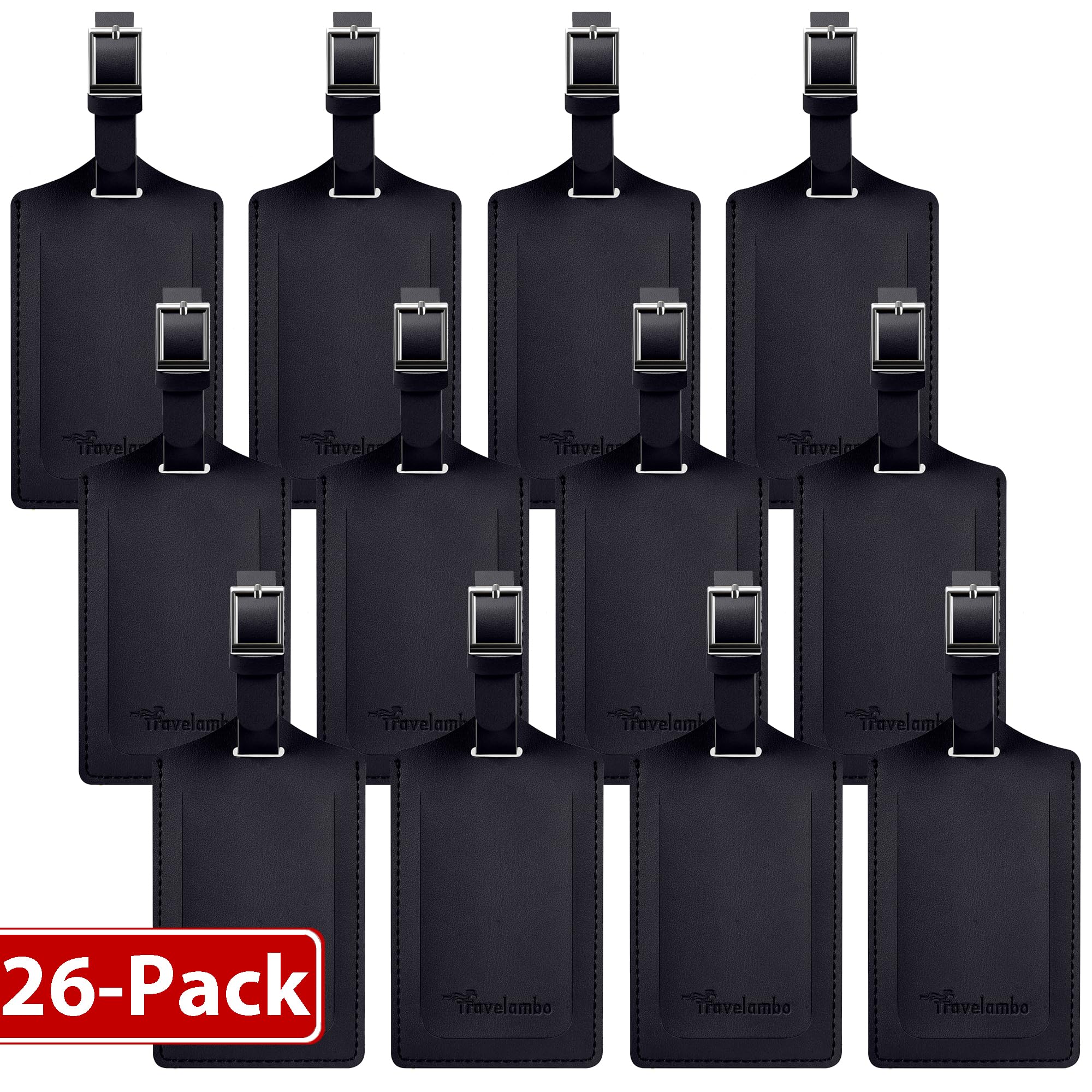 Travelambo 26 Pack Luggage Tags for Suitcases Privacy Protection Bag Tags Faux Leather Travel Accessories Essential Black