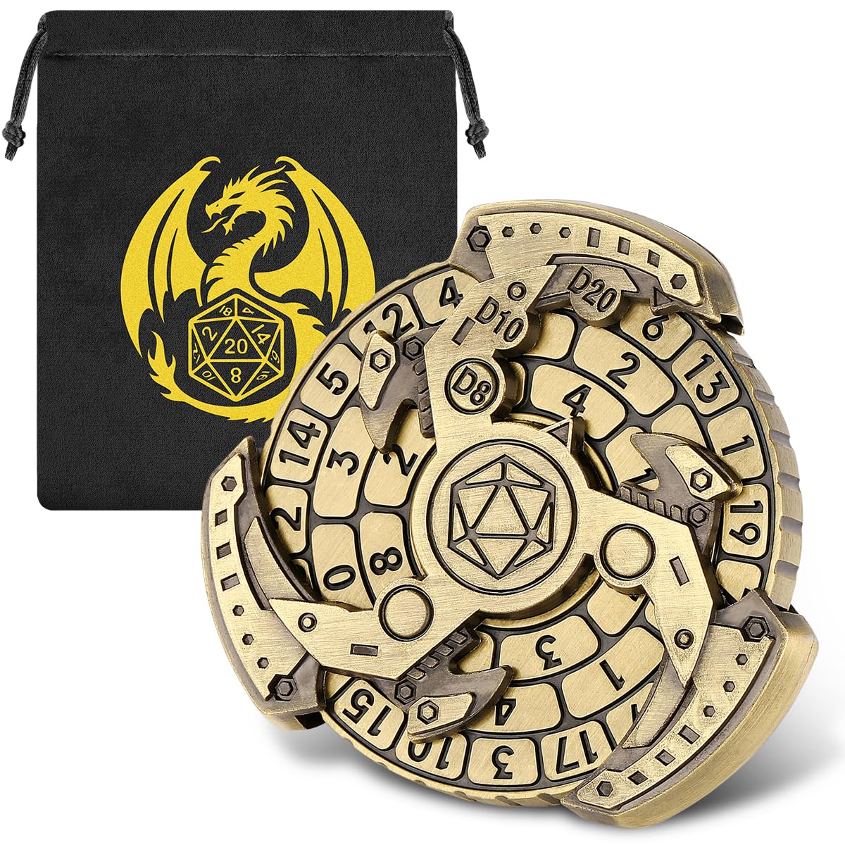 DND Wheel Cube Spinner, Fingertips Gyro, 7-in-1 Metal Dice Roulette Spinner for DND Dice Set, D&D Gifts with Dragon Logo Gift Bag, RPG, Role Playing Board Game Accessories, Bronze