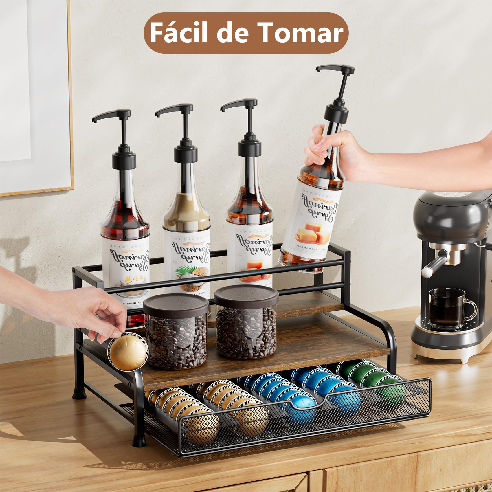 Organizador de jarabe de café, estante de jarabe de 3 niveles para 8 botellas con cajón para cápsulas Nespresso, capacidad para hasta 30 cápsulas grandes o 40 pequeñas, organizador de barra de café de