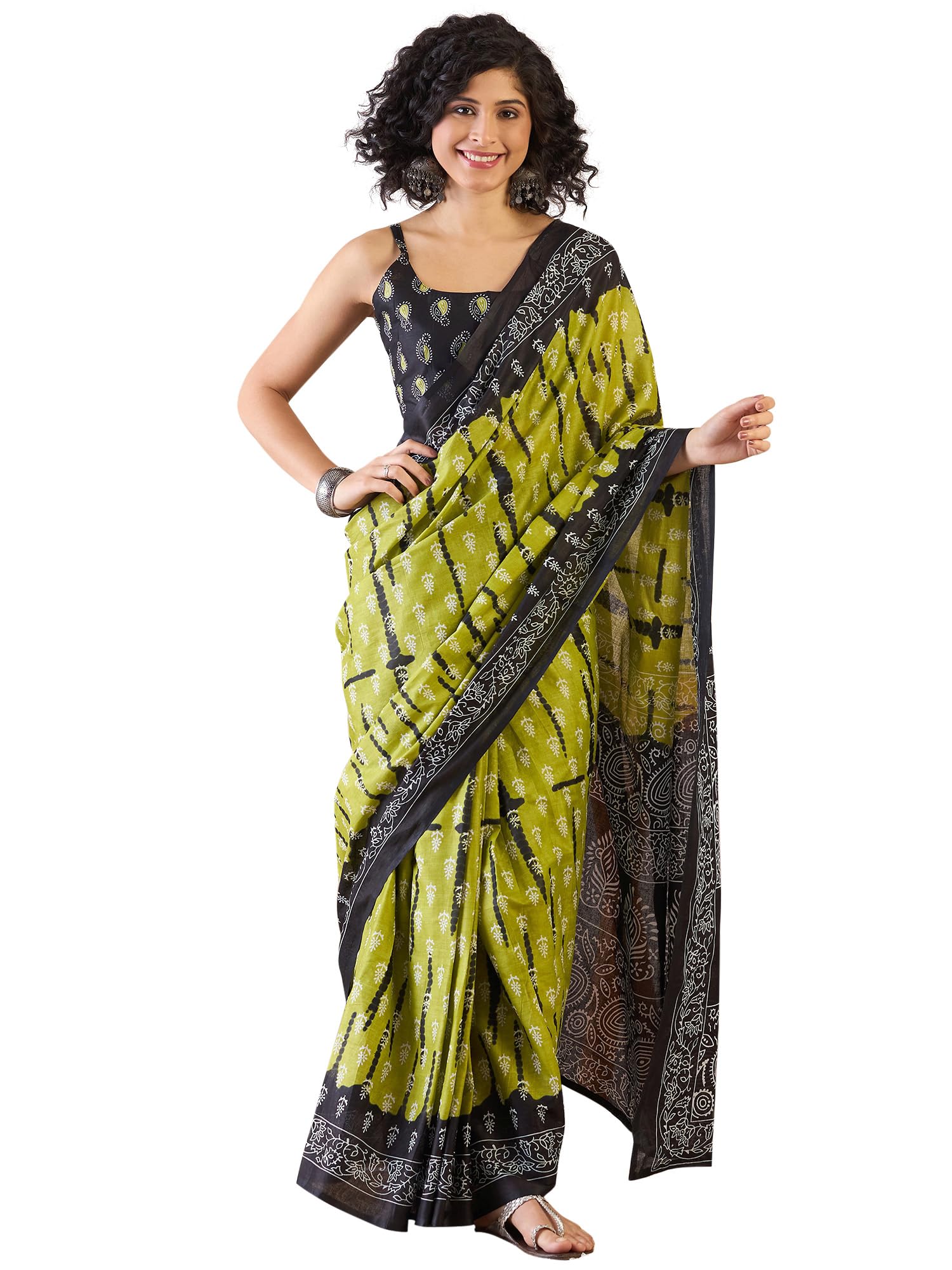 saree mall Women's Blue Cotton Bandhani Printed Ready To Wear one Minute Saree With Unstitched Blouse-picture-18