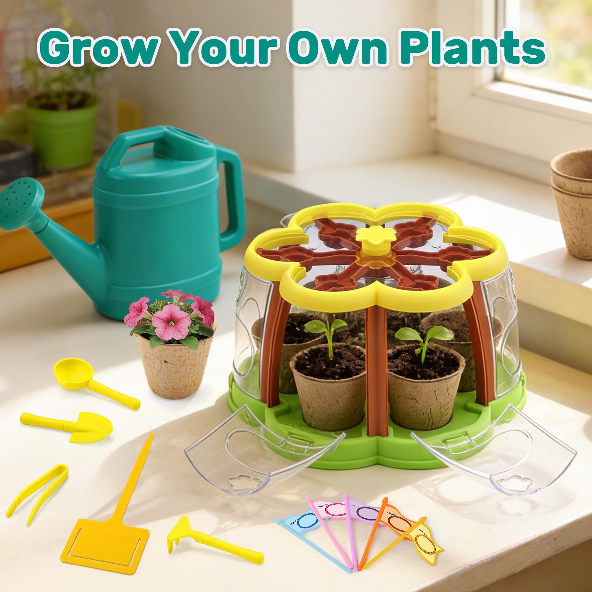 Cute Stone Ensemble de Jardinage Enfants, Kit de Culture de Plantes avec brouette, 3 Outils de Jardin en métal, Serre Enfants avec système d'irrigation amélioré, Jouets d'intérieur et d'extérieur