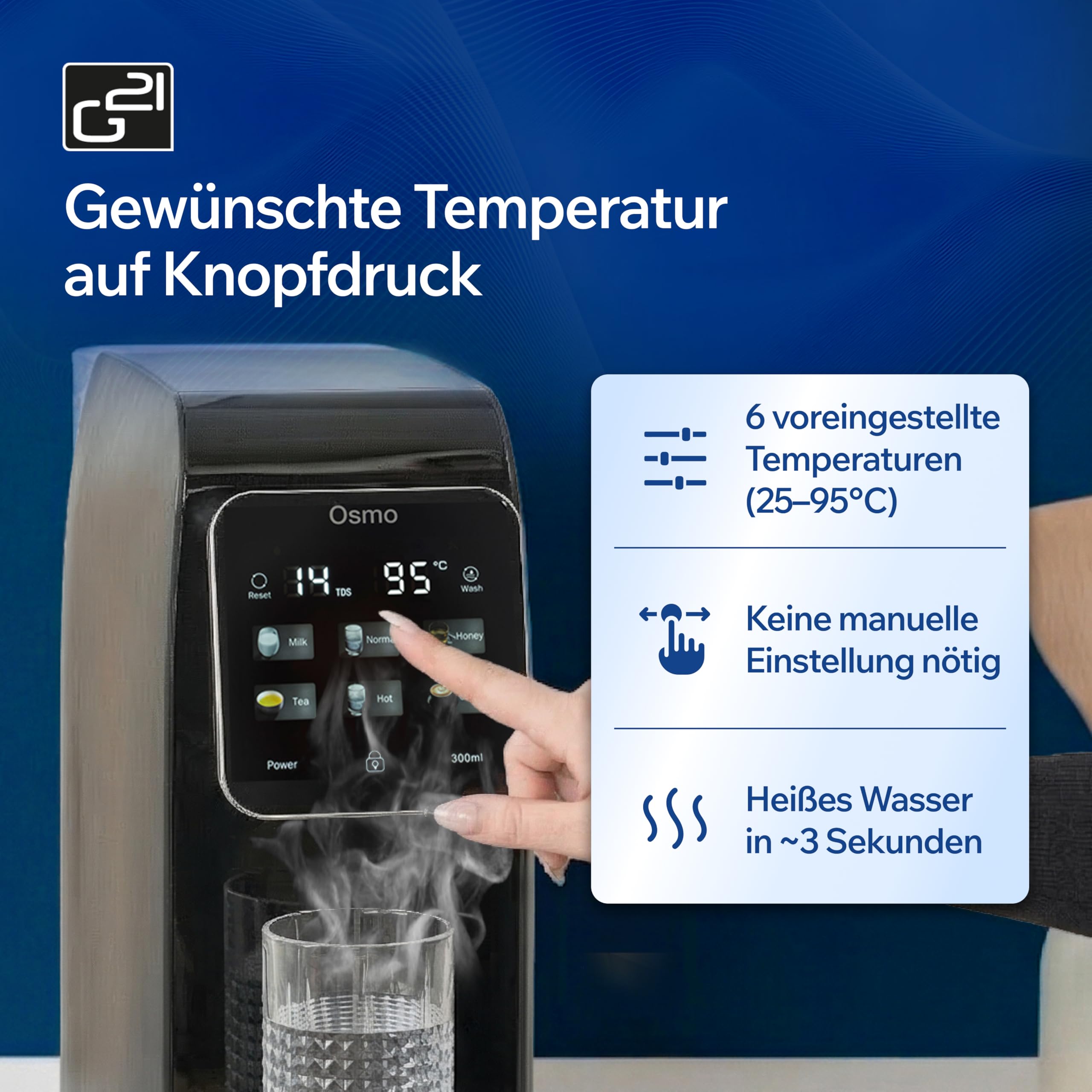 G21 Osmo Umkehrosmoseanlage Trinkwasser 3L 1:1 Rein- zu Abwasserverhältnis Heißwasserfunktion 6 Temperaturstufen 25-95°C Wasserqualitätsanzeige Kindersicherung Schwarz