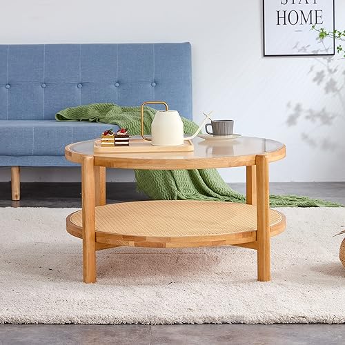 Miniatura 5 de Mesa de centro redonda, mesa de centro de vidrio de 33 pulgadas, mesa auxiliar moderna de 2 niveles con patas de madera maciza. Mesa de té auxiliar