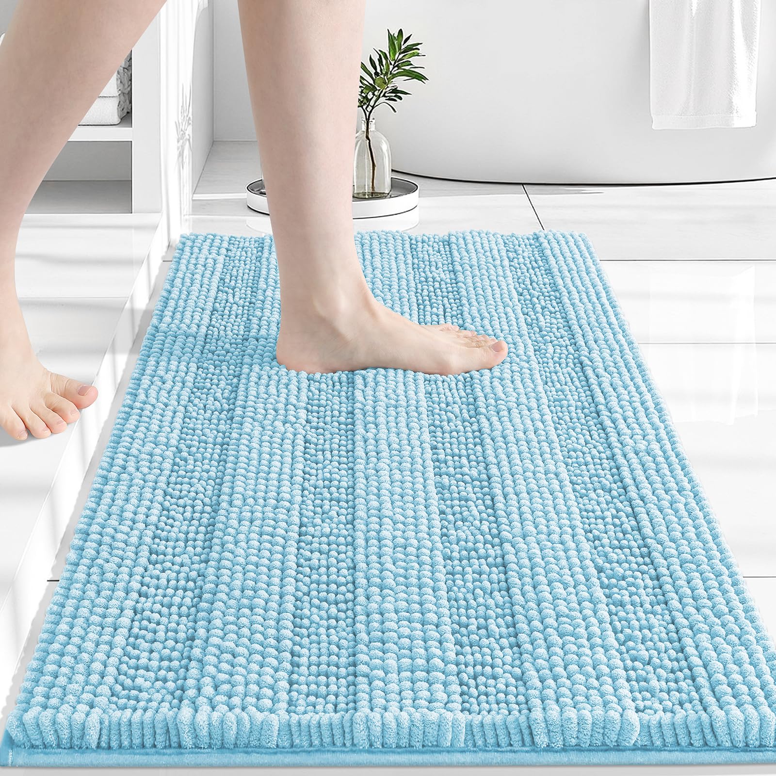 Grandaily Chenille Bathroom Rugs 30x20, Soft Absorbent Bath Mats, Blue