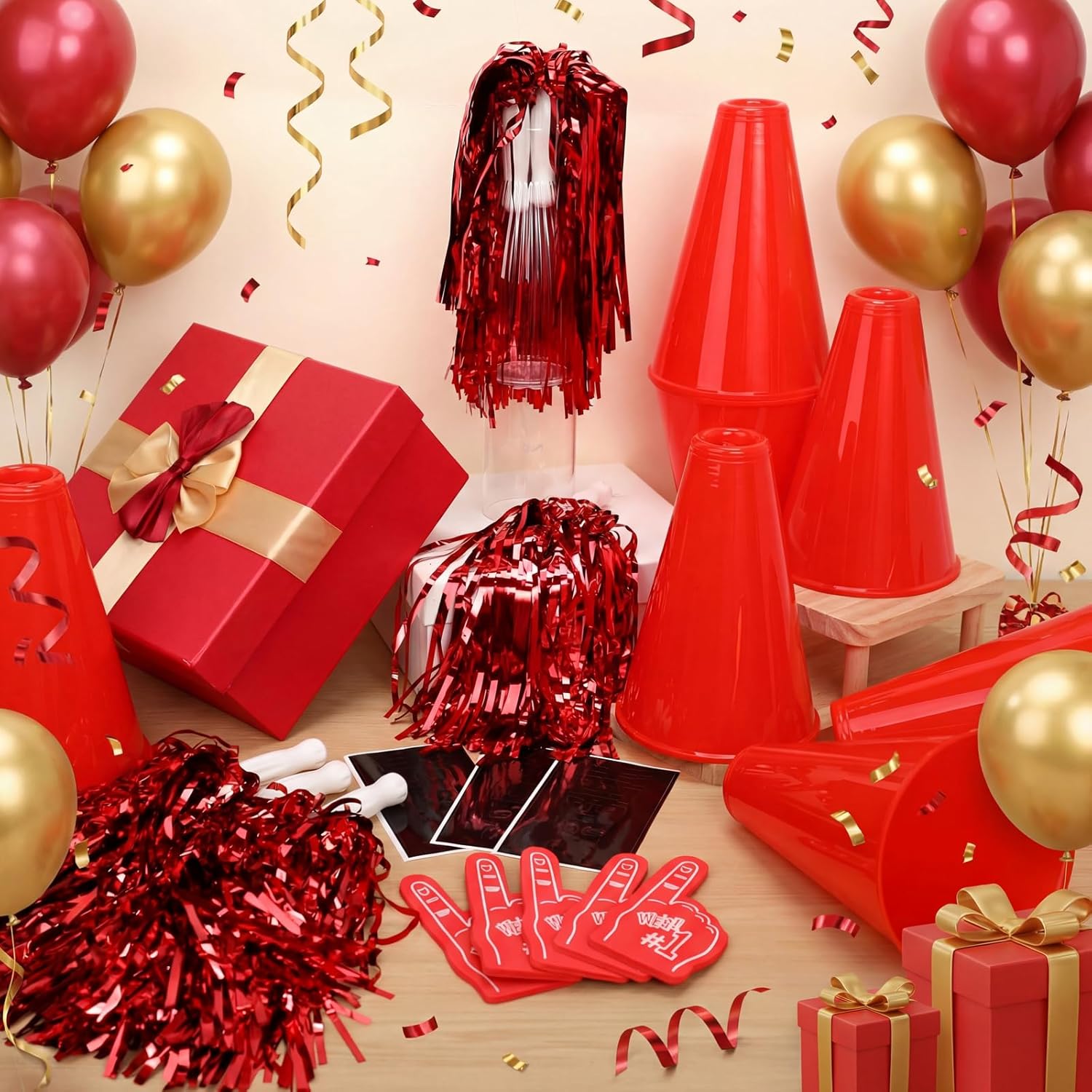 12 Set Team Spirit Accessories for Cheerleading Cheer Megaphone Pom Poms and We're #1 Fan Foam Finger Cheerleader Gifts for Sports Events Football Baseball Cheering Supplies
