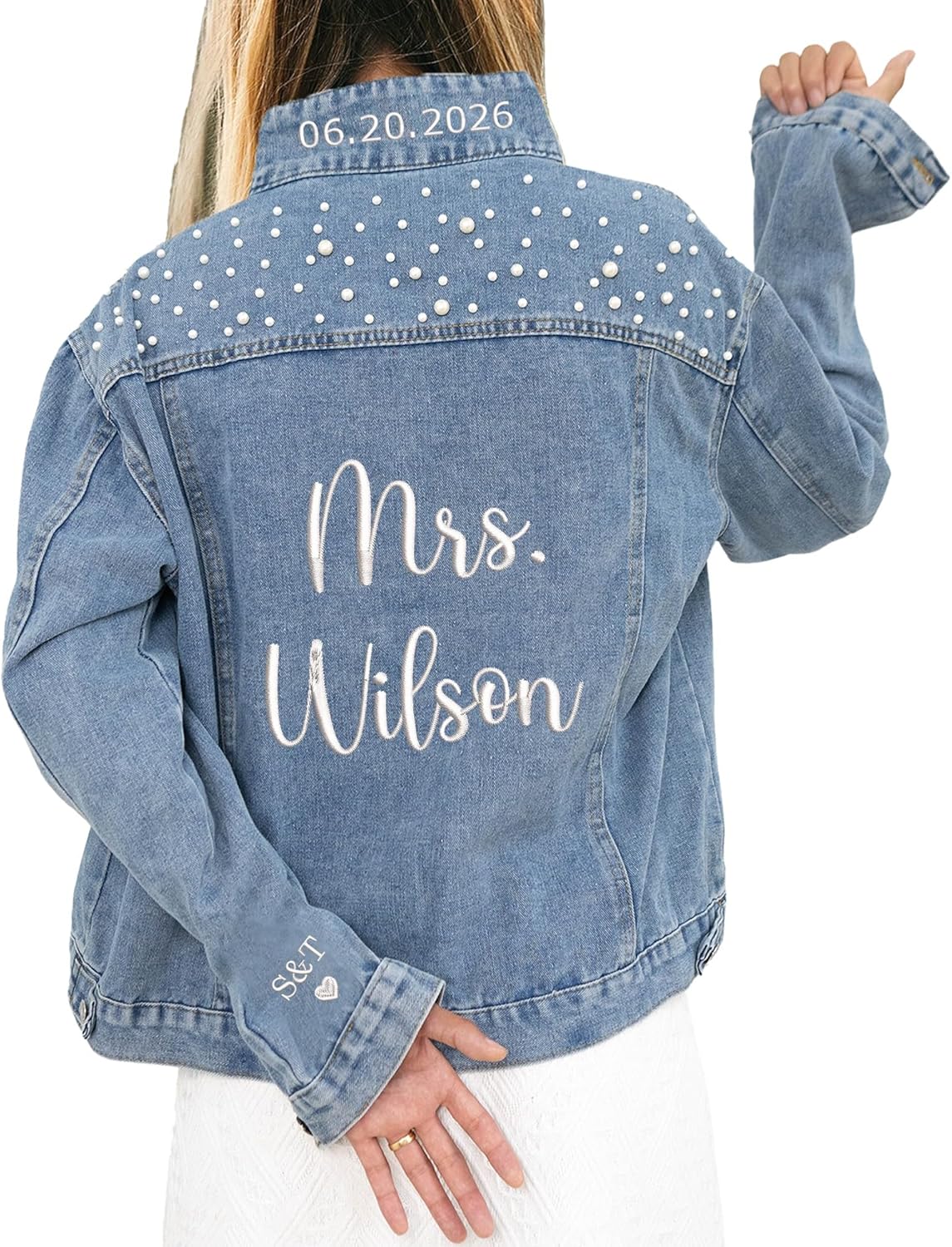 Custom Embroidered Bride Denim Jacket, Future Mrs Jean Jacket With Pearls, Wedding gifts for Bride - Image 3