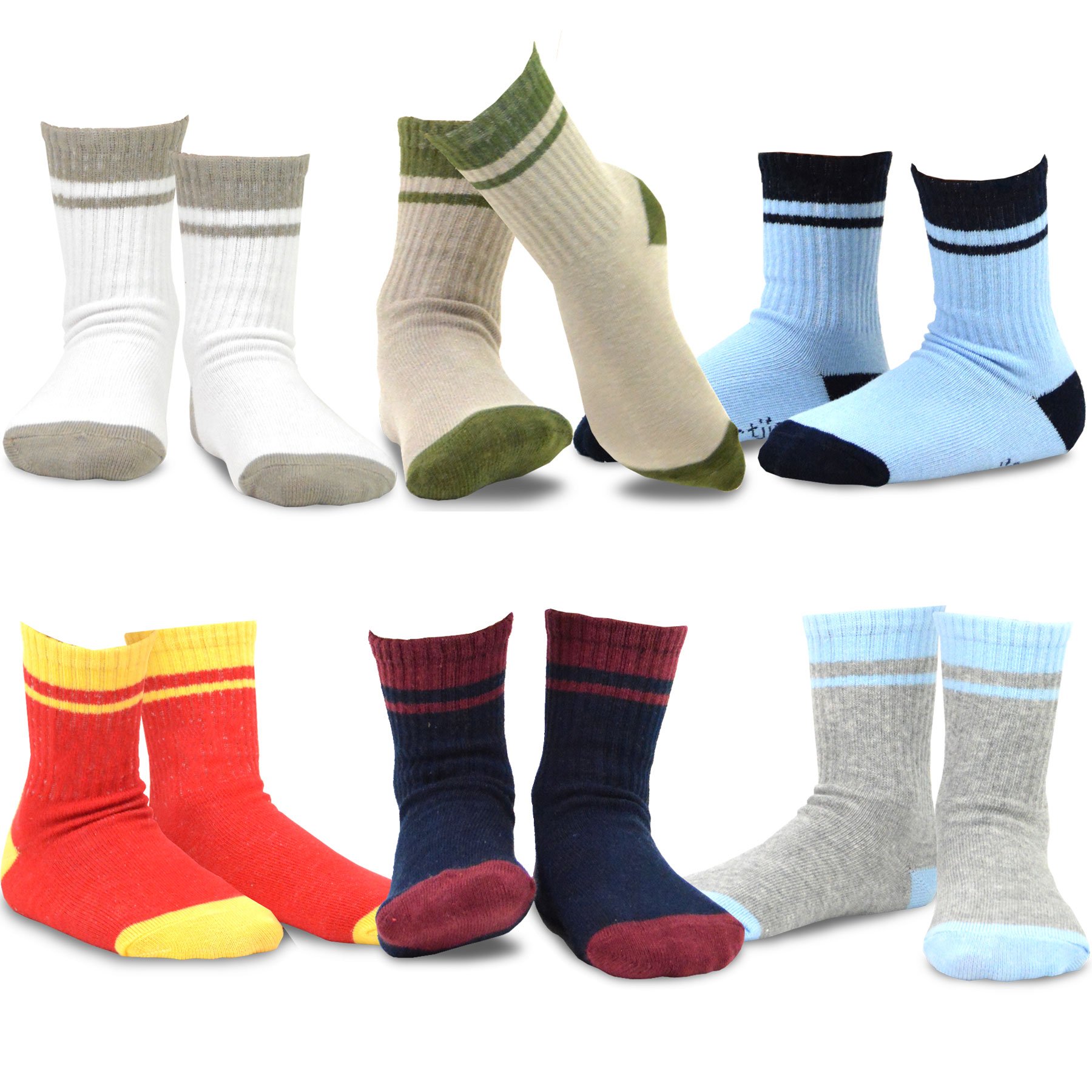 TeeHee Little Boys Basic Cotton Crew Socks 6 Pair (3-5 Years, Stripes Tipped Rib)