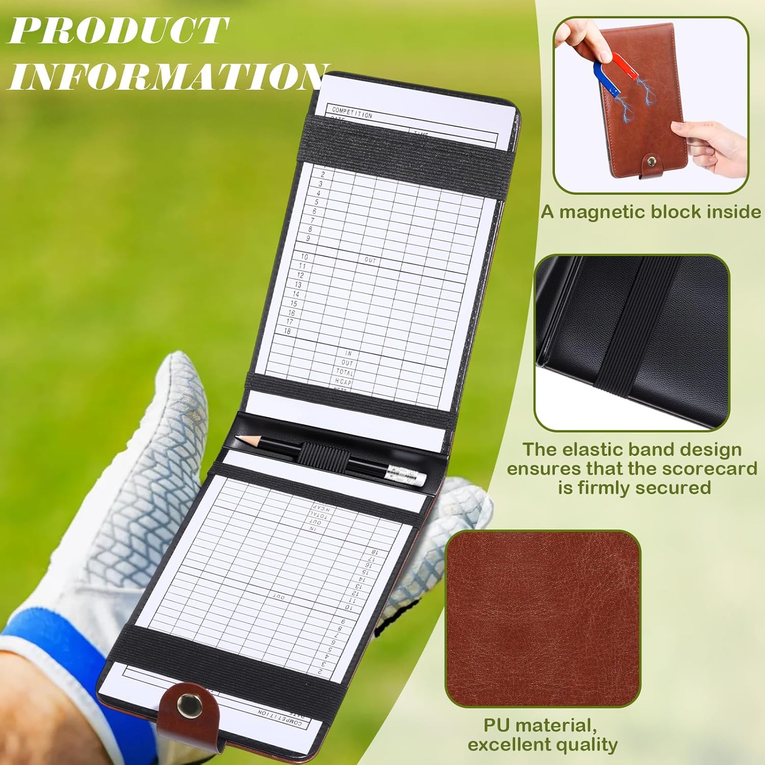 Yexiya 7 Pcs Magnetic Leather Golf Scorecard Holder with 4 Scorecard Books 1 Pencil 1 Golf Reference Distance Card Yardage Book Gift for Men Golfers Sports Outdoor Club Accessories