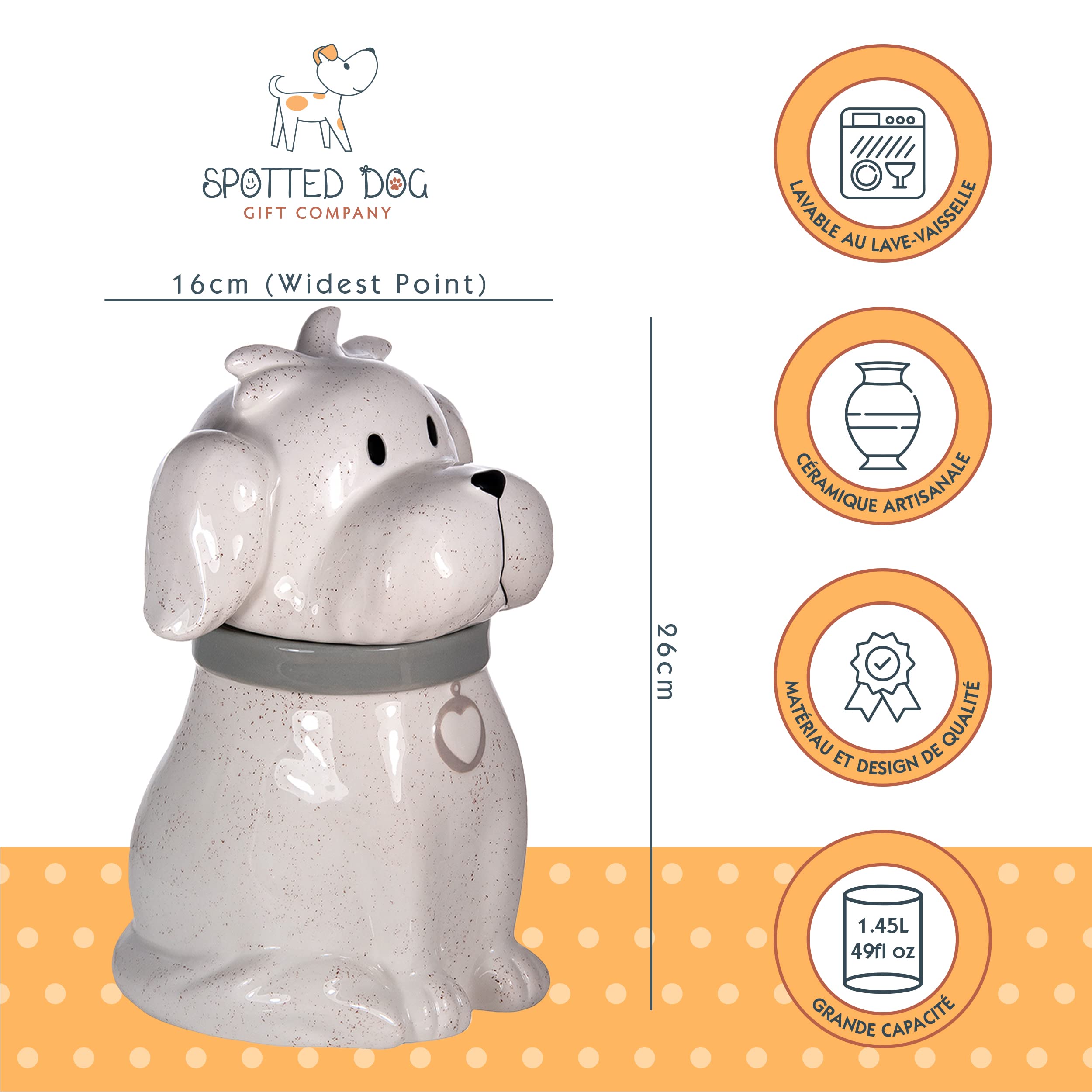 SPOTTED DOG GIFT COMPANY Boîte à Biscuit en Céramique, Grand Bocal de Conservation pour Cookies Bonbons ou Chien Friandises, Mignon Cuisine Article, Cadeau pour Chiens Amoureux, Blanc 1450ml