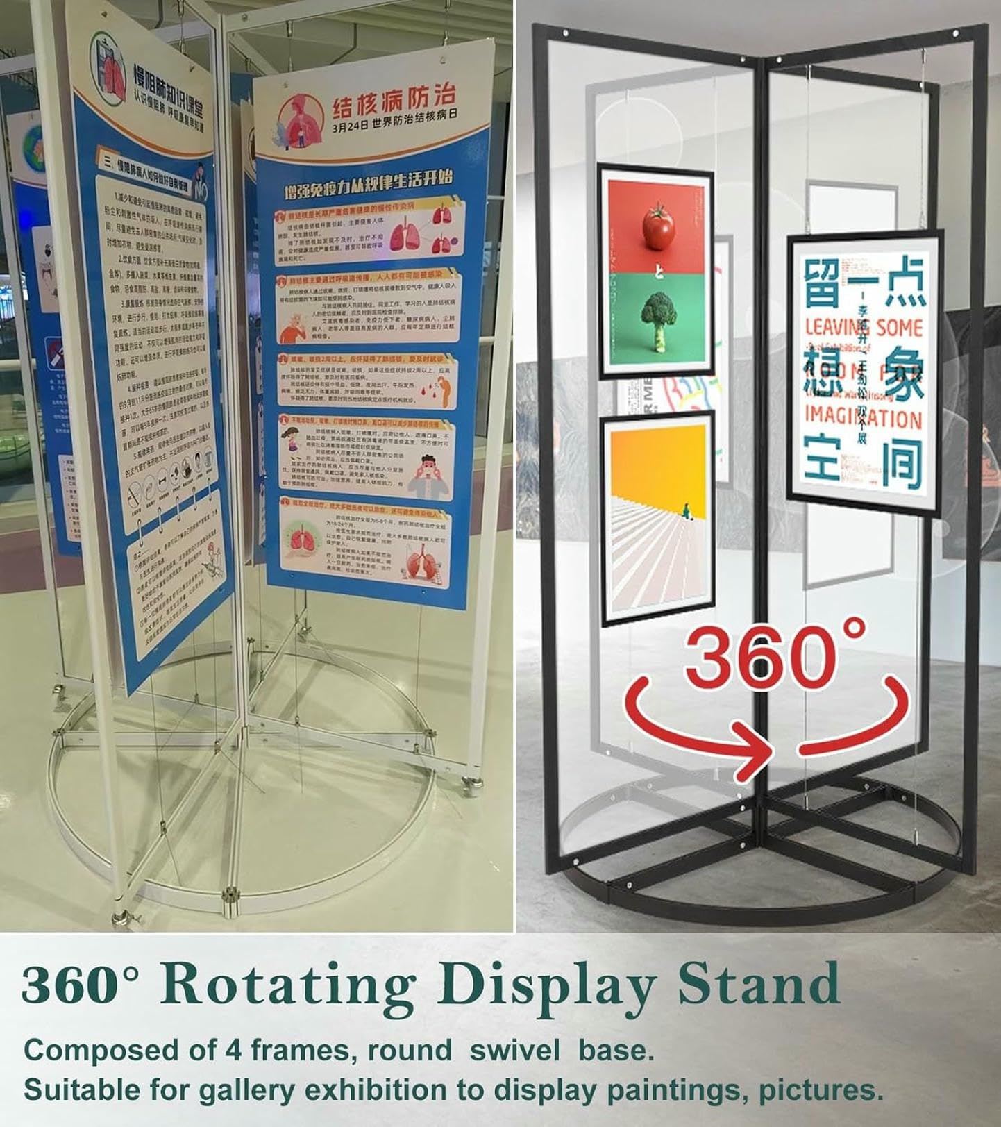 Obracany o 360° wieszak na zdjęcia / stojak na plakaty z haczykami do obrazów i zdjęć, biała rama aluminiowa, wieszak na dzieła sztuki na wystawie (4 sztuki 1X2M/39X79In+podstawa)