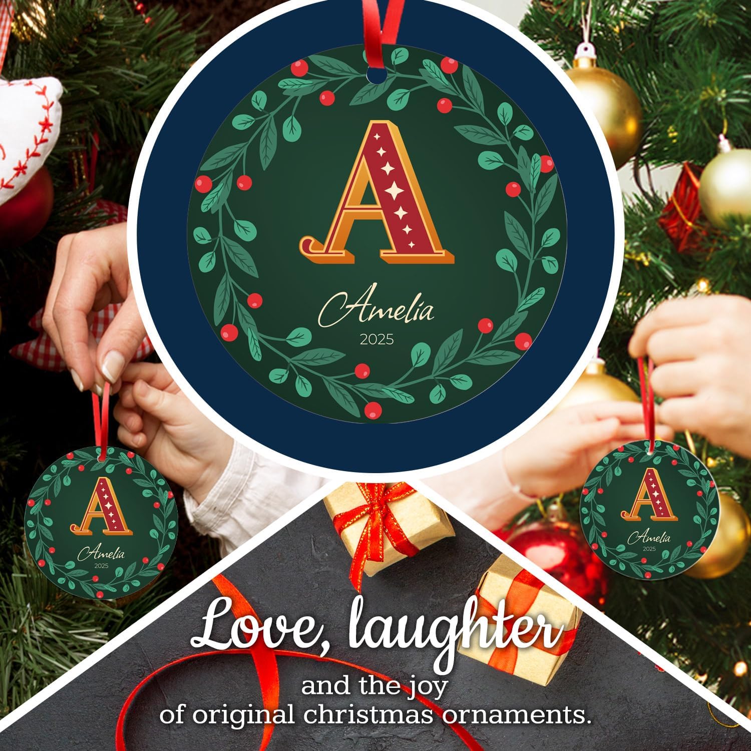 Soul Décor Custom Christmas Ornament 2025, Personalized Ornament Decoration with Initial Name for Christmas Tree, Velvet Pouch Included, Large 3.75" Round ACM Ornament