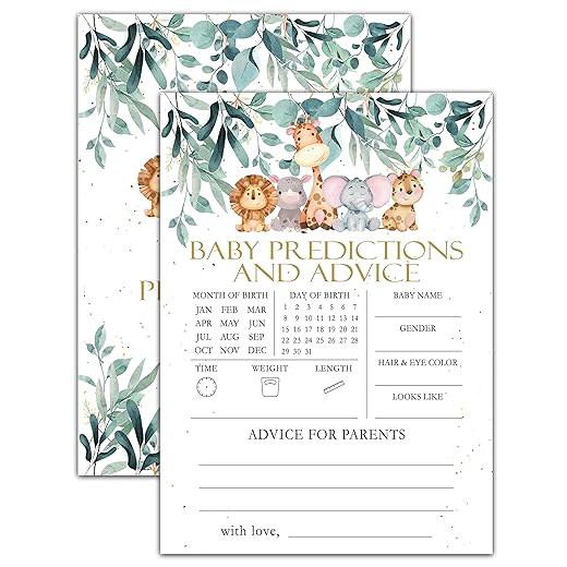 Safari Jungle Animals Baby Shower Games, Greenery Theme Gender Reveal Party Games, Baby Predictions and Advice Cards, Baby Shower Party Decorations, Set of 30 Cards(F01)