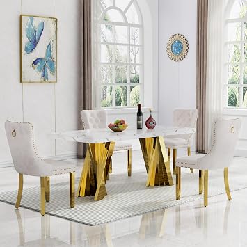 70" White Gold Faux Marble Dining Table Set for 4, 5-Piece Rectangle Modern Kitchen Dining Room Table Set with Flash-Shaped Stainless Steel Legs and 4 Beige Velvet Upholstered Dining Chairs