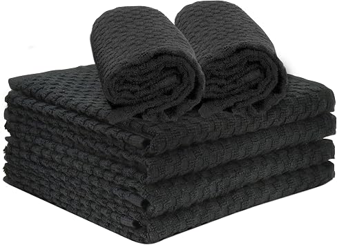 Kitchen Towels 100% Cotton Dobby Weave Terry Towel Set, 15" X 25", 6 Pack Soft and Absorbent Multipurpose Dish Cloth, Hand Towel and All Kitchen Cleaning Machine Washable Black