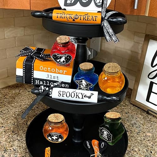 Miniatura 7 de Decoración de Halloween para interiores, 6 botellas de poción con 8 calcomanías de etiqueta de bruja en blanco y negro, bandeja escalonada para