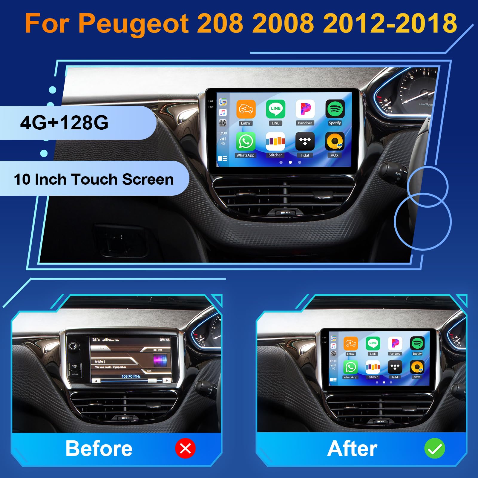 Android 15, 4G+128G GOHHDL Autoradio pour Peugeot 208 2008 2012-2018 avec Wireless Carplay Android Auto, 10.1 Pouces Poste Radio Voiture avec GPS Navi WiFi Bluetooth FM/RDS EQ SWC AHD Caméra&Mic