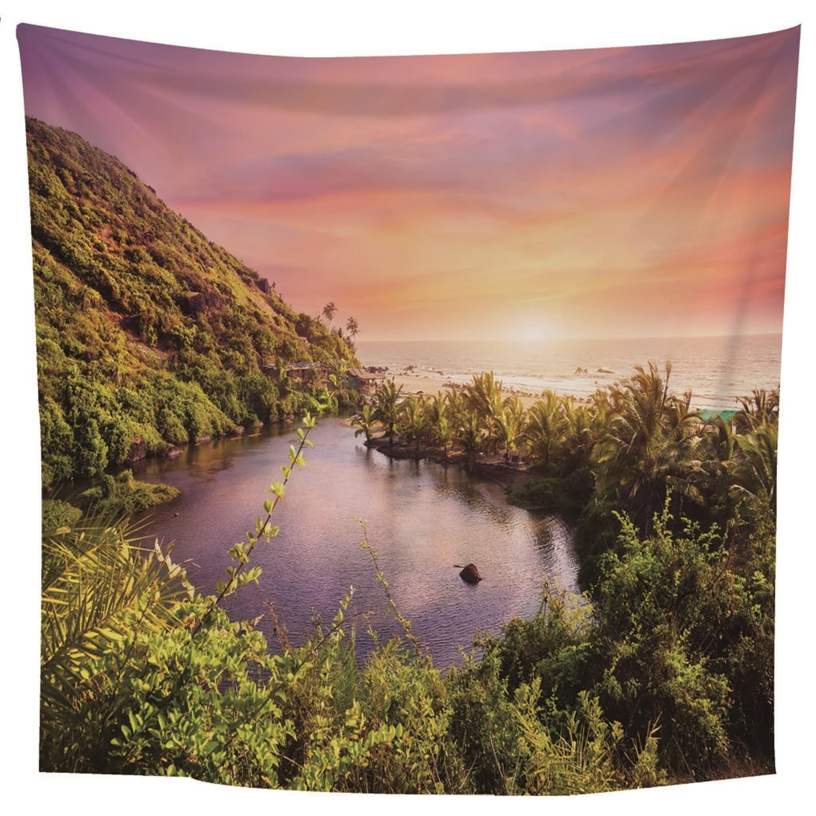 Lieson Arazzo Decorativo, Arazzi da Parete Moderni 260x240CM Alberi Oceano Al Tramonto Tappeti Parete Camera Letto Per Decorazione Della Casa, Verde Viola
