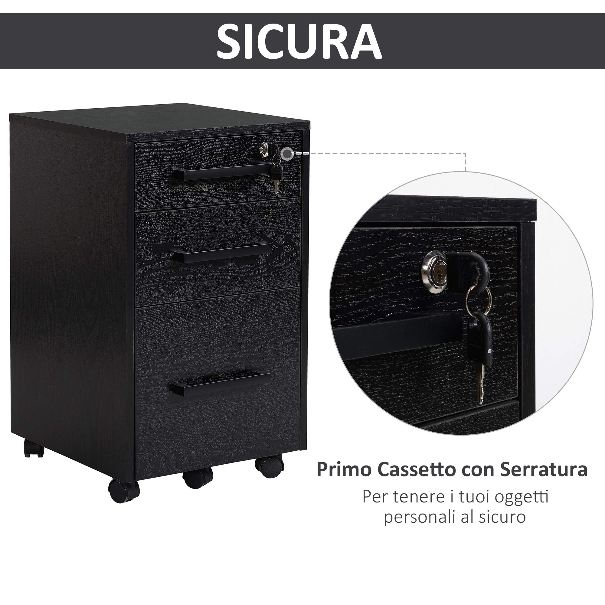 HOMCOM Cassettiera Portadocumenti da Ufficio Schedario con 3 Cassetti e Serratura, in Legno, Nero, 39.2 x 40 x 65.4cm