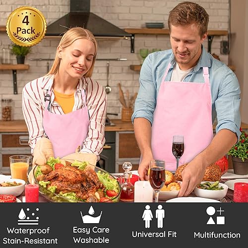 Miniatura 2 de Paquete de 4 delantales de chef con 2 bolsillos, delantal ajustable impermeable para hombres y mujeres, perfecto para cocina, hornear, jardinería,