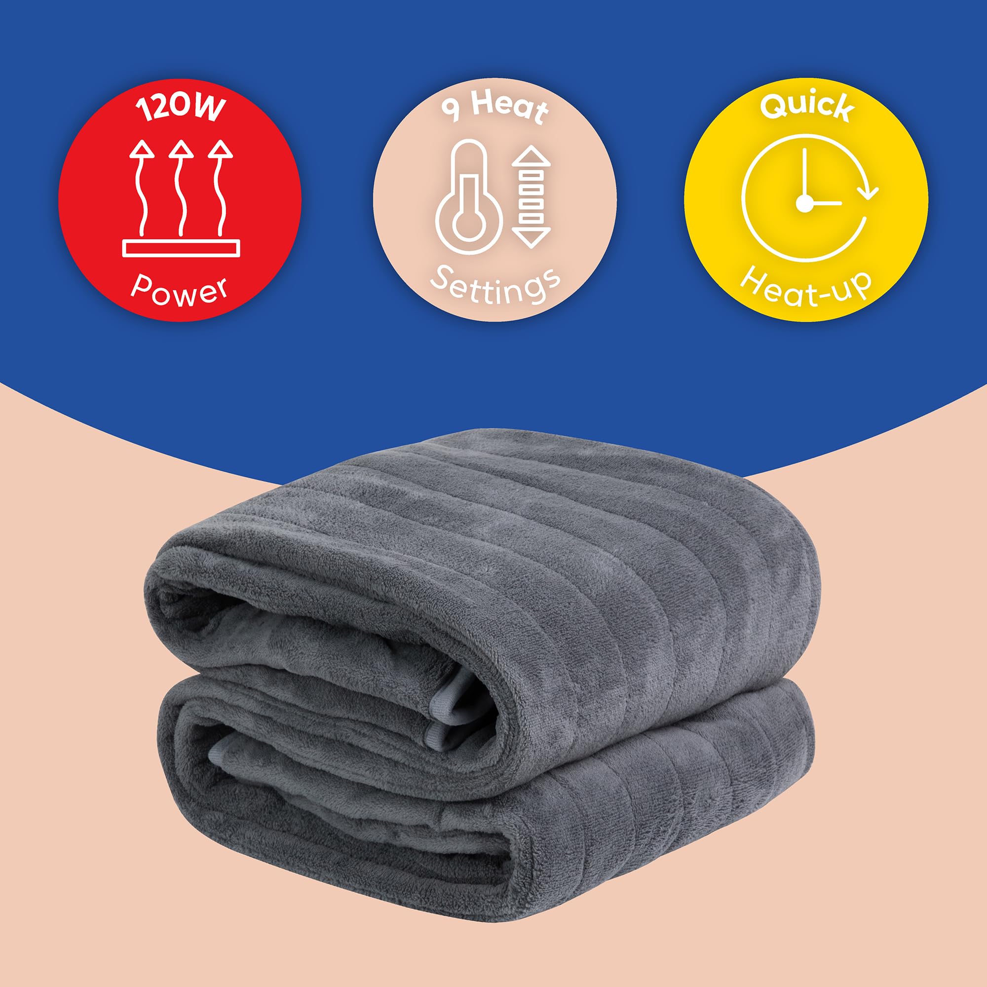 Russell Hobbs RHHT1004GR Couverture chauffante en micropolaire avec télécommande numérique, arrêt automatique, protection contre la surchauffe, minuterie de 12 heures, 9 réglages de chaleur Gris 130 x