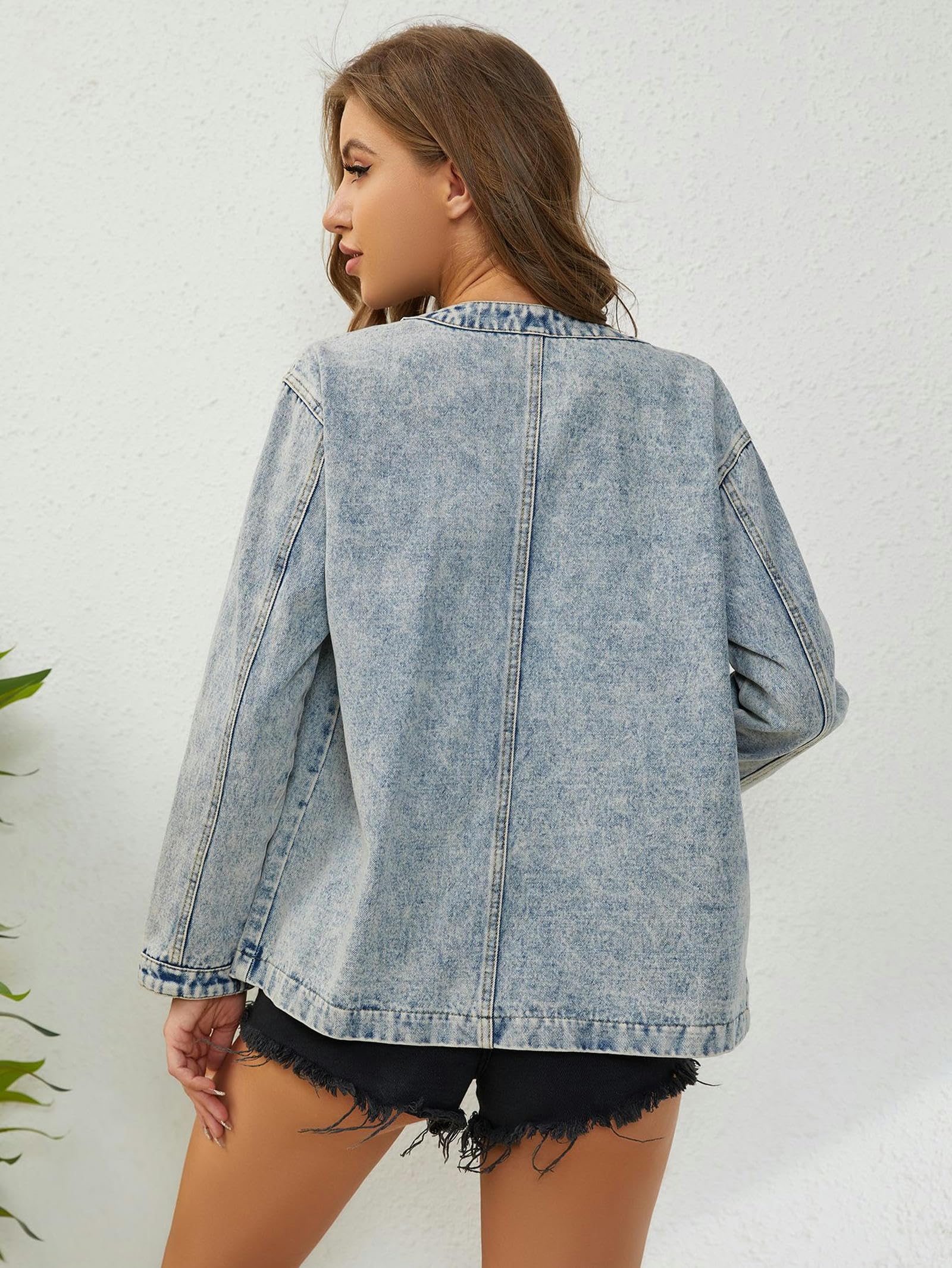 Giacca Jeans Donna Giacca di Denim A Maniche Lunghe Senza Colletto da Donna-Blu-L