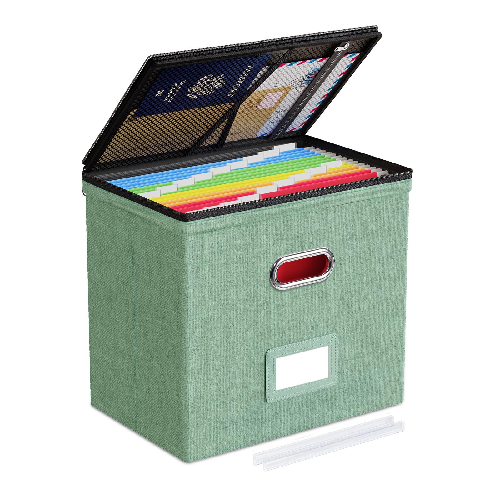 Oterri 1 Pack File Organizer Boxes with Lids, File Box with Mesh Pockets, Document Organizer Box for File Folders Letter Size, Zippers Filing Box for Home, Office, School (Green, Without Folders)