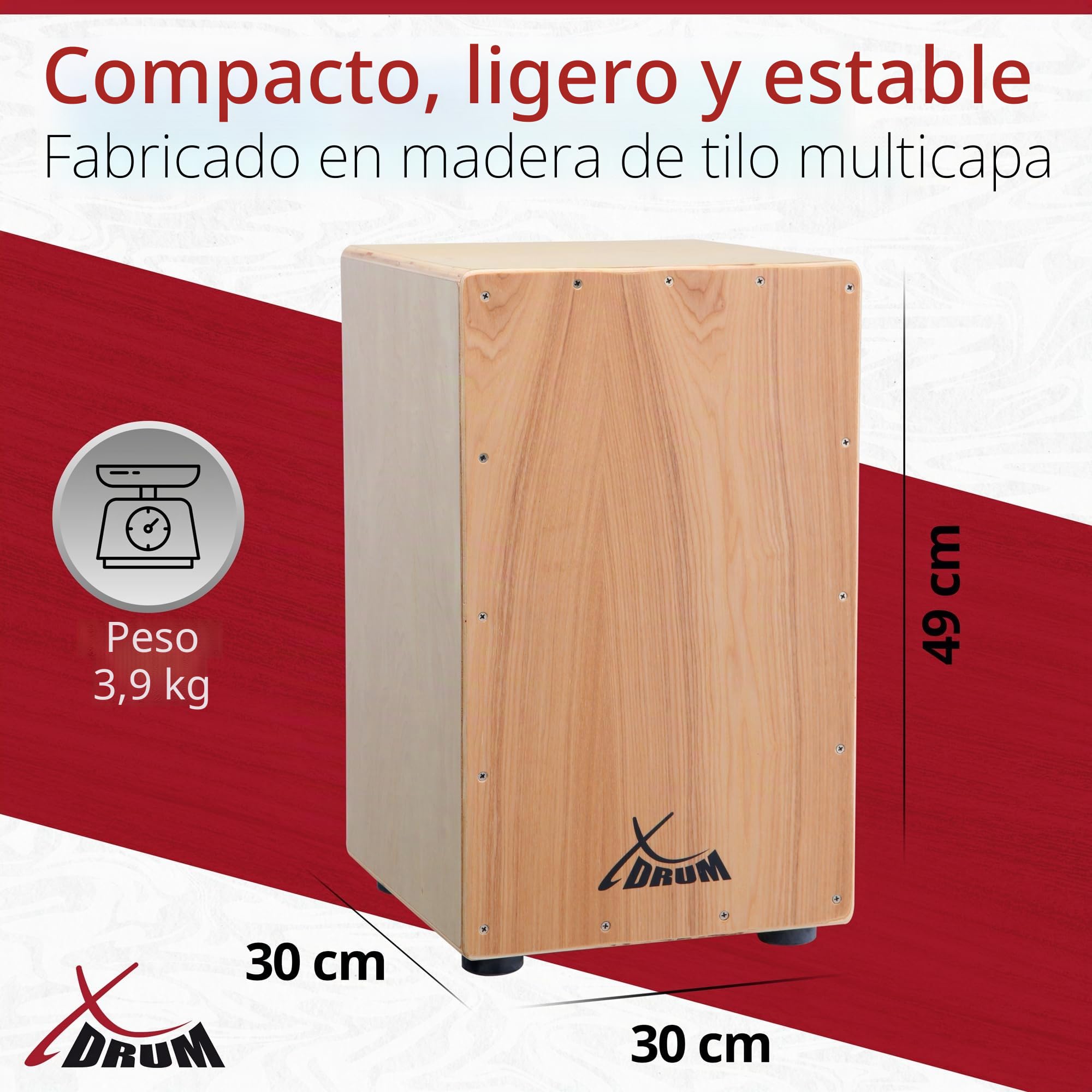 XDrum Cajon Primero Natur incl. escuela de cajón y bolsa, Cuerpo: tilo | Superficie de golpe: tilo, Frontal atornillado, Construcción afro-peruana, Orificio de sonido en la parte trasera, Peso: 3