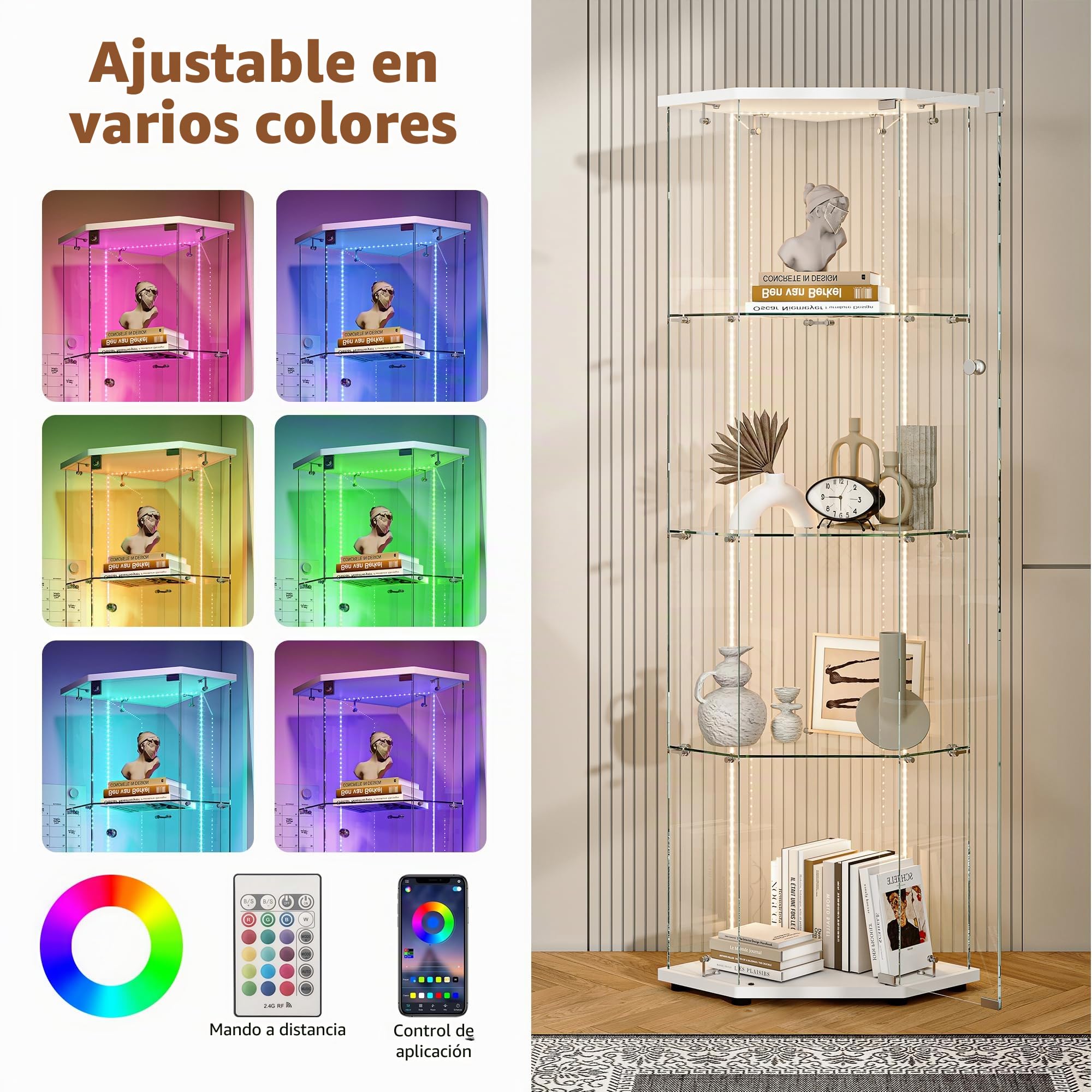 Vitrina de cristal LED, 4 capas, armario de esquina, 162 x 40 x 60 cm, vitrina para colección con puerta y cerradura, para salón y comedor, blanco