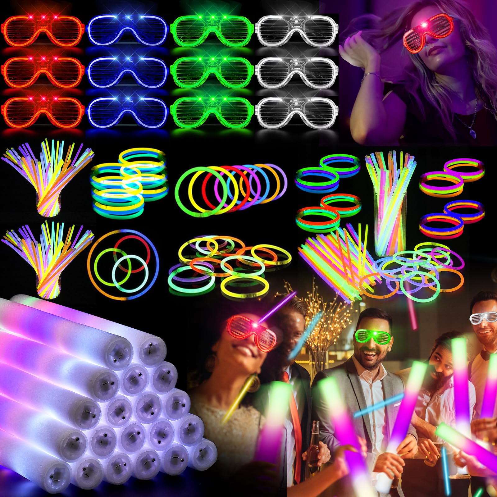 336 piezas Juguetes de lluminación LED, 300 Palos Luminosos con Conectores, 12 Gafas de Neón,24 Palos Led,Juego de Barras Luminosas para Fiestas Adecuado para Bodas, Carnavales y Cumpleaños
