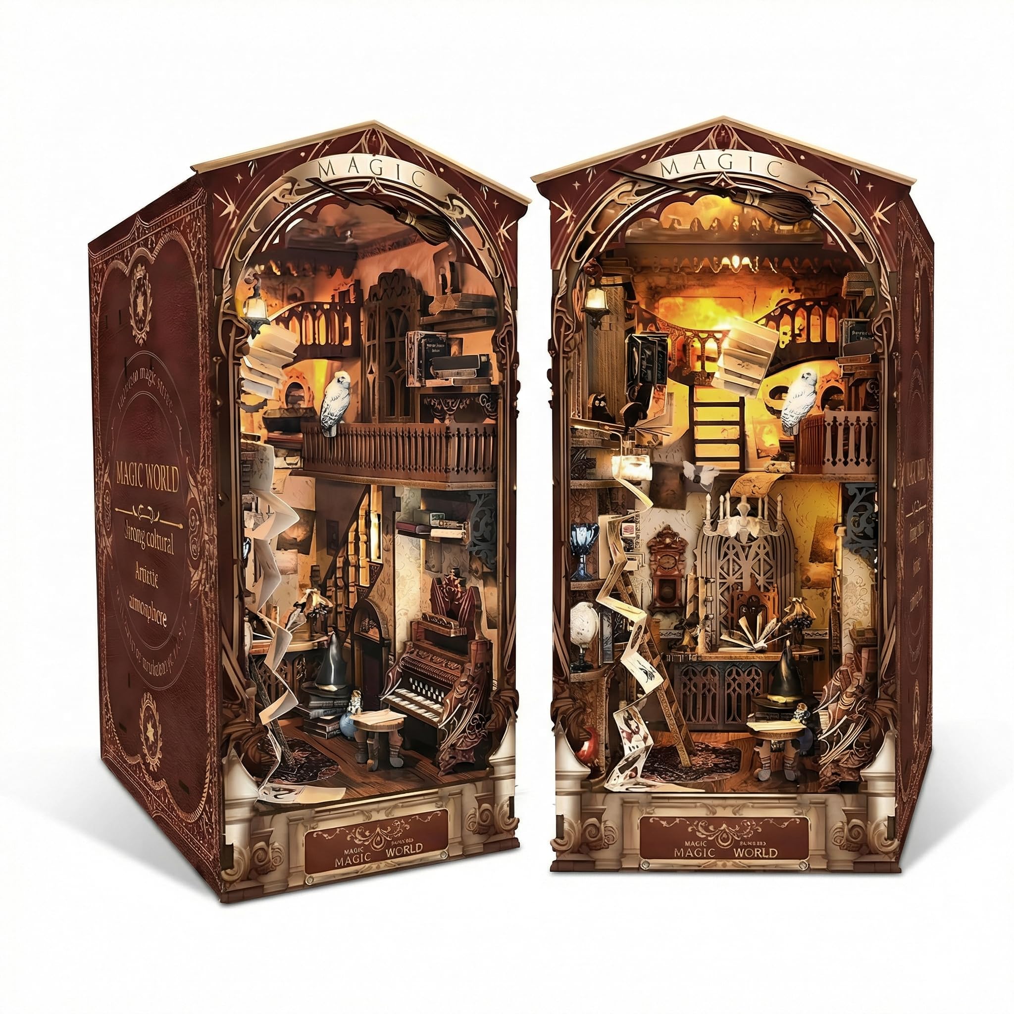Magic World Book Nook Kit – DIY 3D Wizard Fantasy Miniature Bookshelf Insert with LED, Wooden Bookend Diorama Puzzle Craft Kit for Adults & Teens Home Decor Gift - Magic World