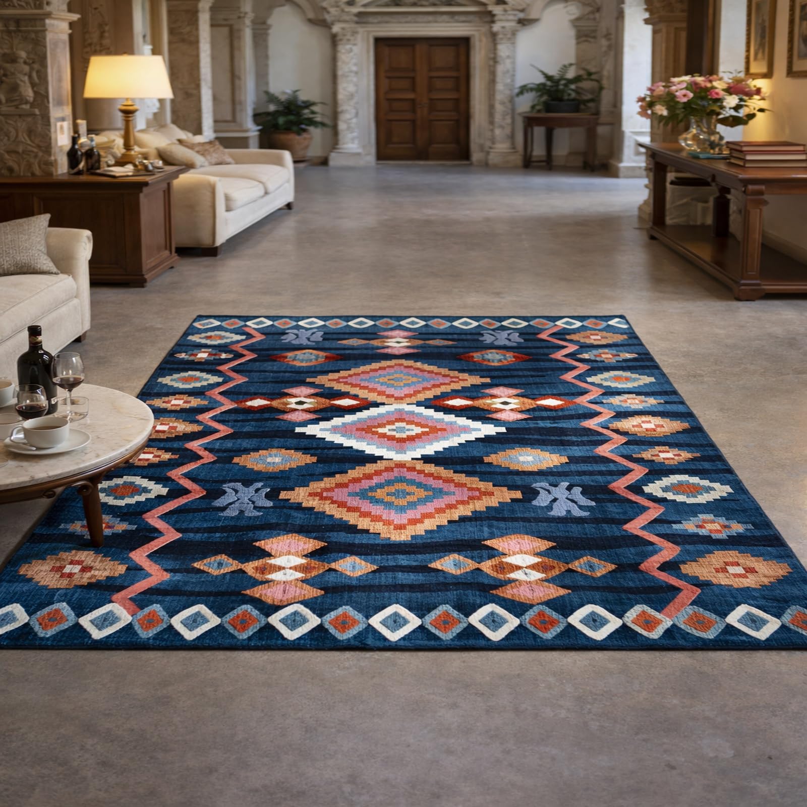 Tapis de salon bleu 170x240 tapis poils ras lavable cuisine