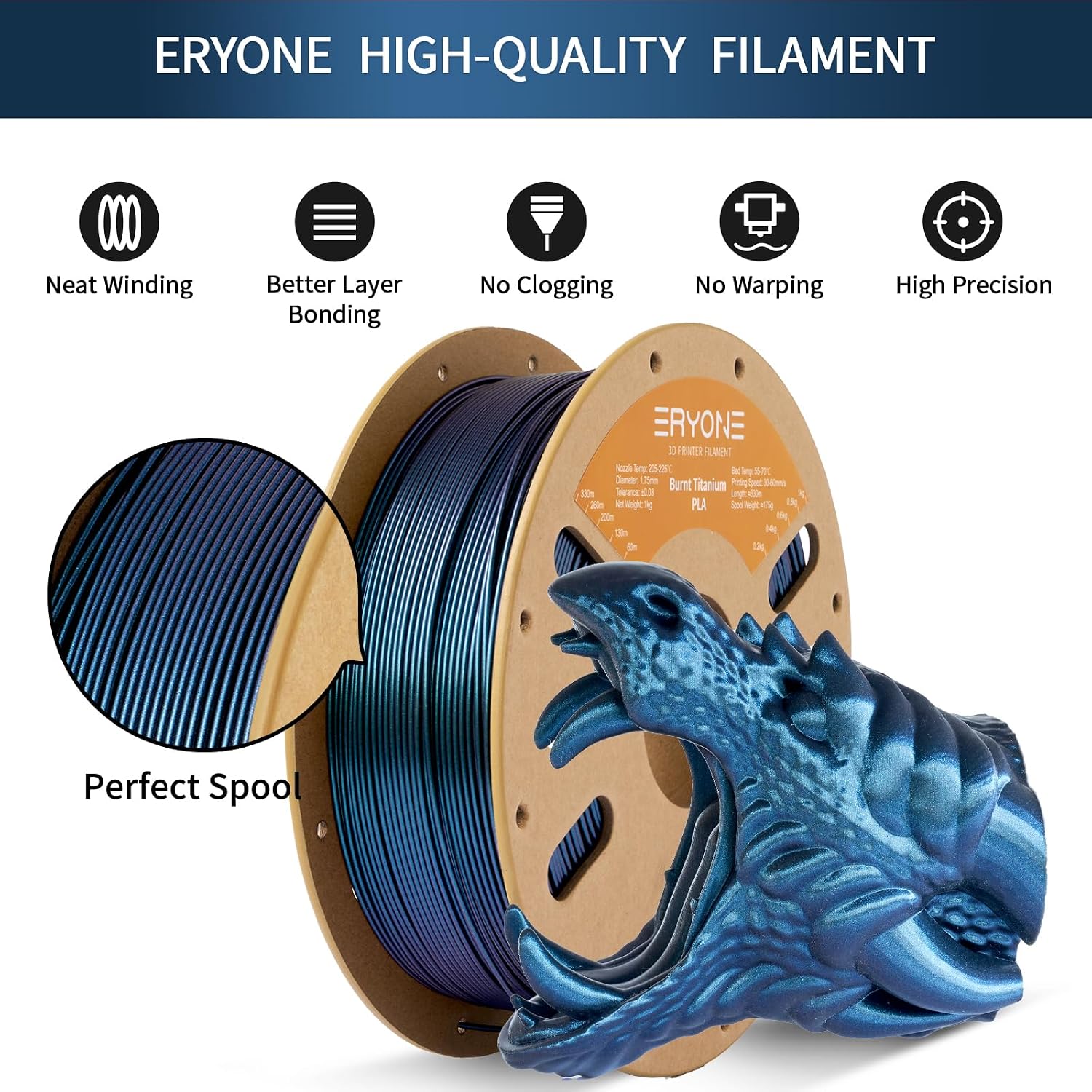 ERYONE Burnt Titanium PLA Filament 3D Printer PLA Filament 1.75mm +/- 0.03mm, Glitter PLA Filament 1KG Cardboard Spool(2.2LBS), Blue